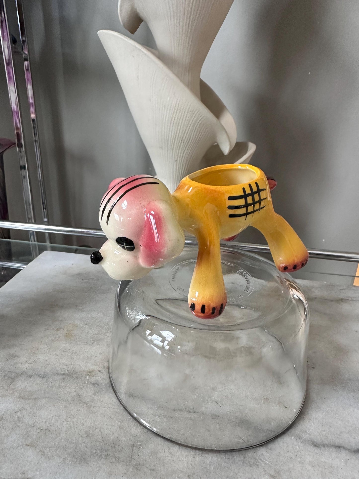 Vintage Kitsch Puppy Dog Planter | Pink Yellow Glazed Ceramic Vase