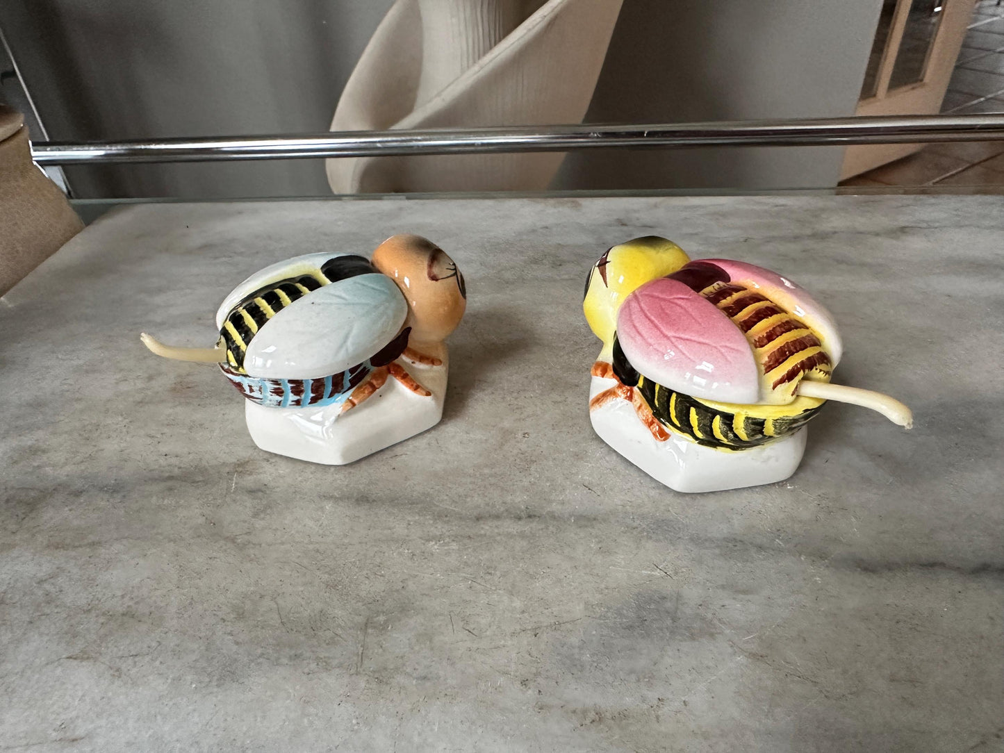 Vintage Anthropomorphic Bee Salt Cellars, Mid Century Ceramic Japan