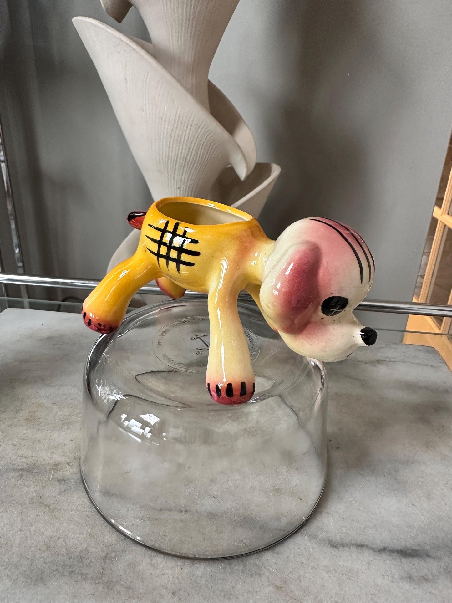 Vintage Kitsch Puppy Dog Planter | Pink Yellow Glazed Ceramic Vase