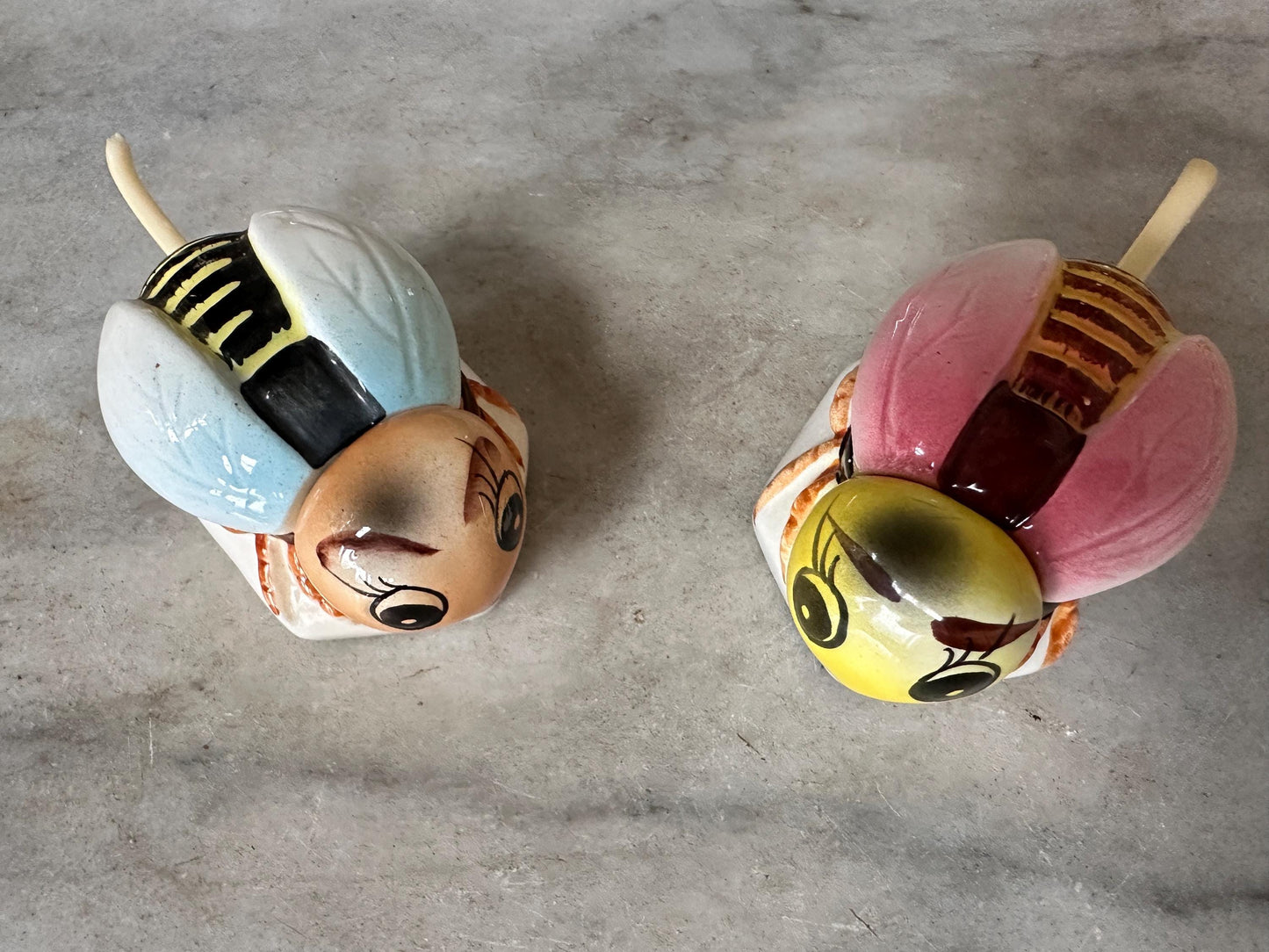 Vintage Anthropomorphic Bee Salt Cellars, Mid Century Ceramic Japan