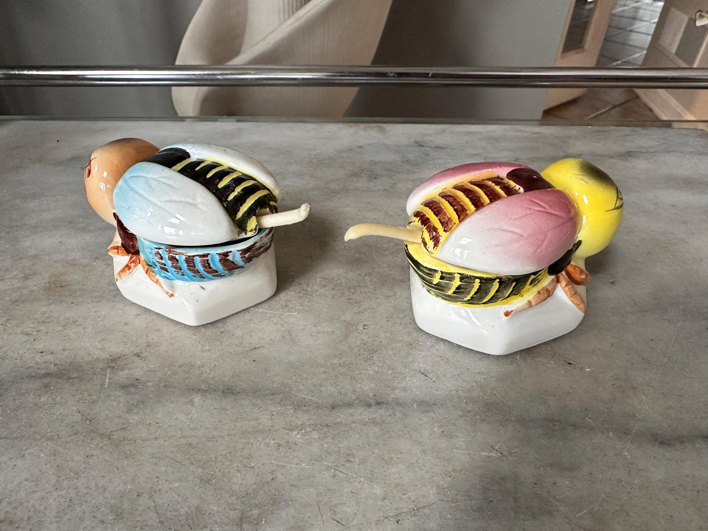 Vintage Anthropomorphic Bee Salt Cellars, Mid Century Ceramic Japan
