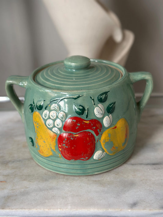 Vintage 1940s Green Stoneware Cookie Jar with Hand-Painted Fruit Relief | Antique Farmhouse Kitchen Decor