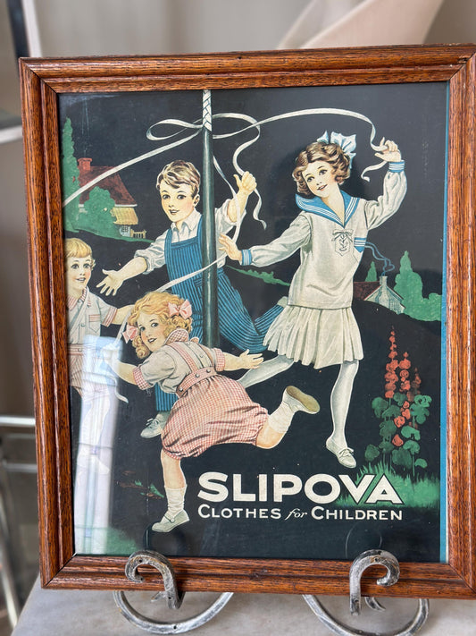 Framed Slipova Children's Clothing Ad Print – Vintage Nursery Wall Art 16” x 13”