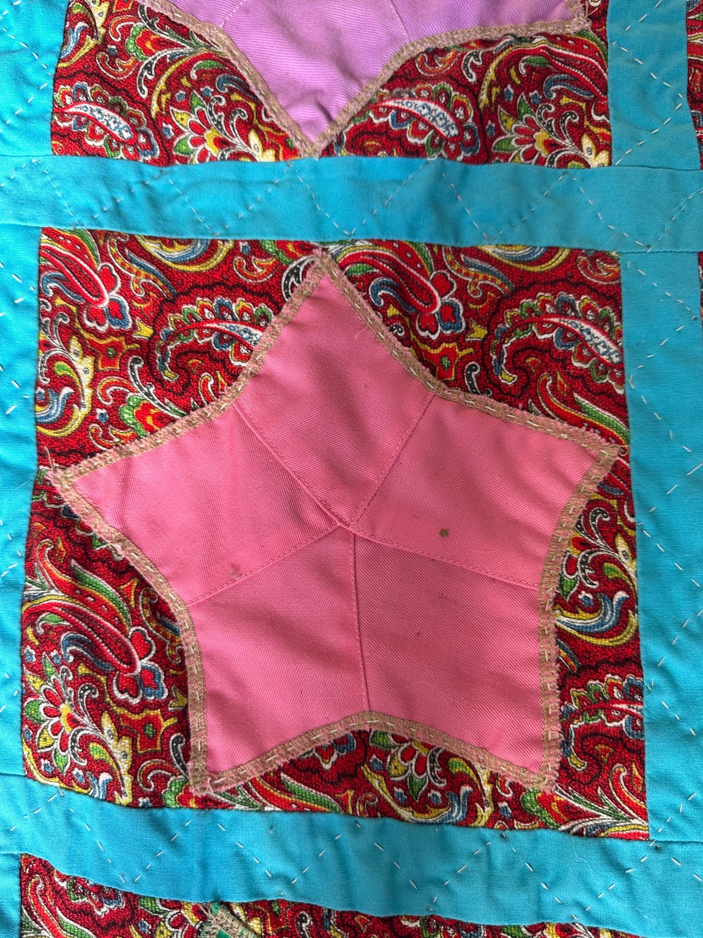 1980s Hand-Stitched Star Quilt – Multicolor Cotton, Paisley Background, Turquoise Border (67" x 77")