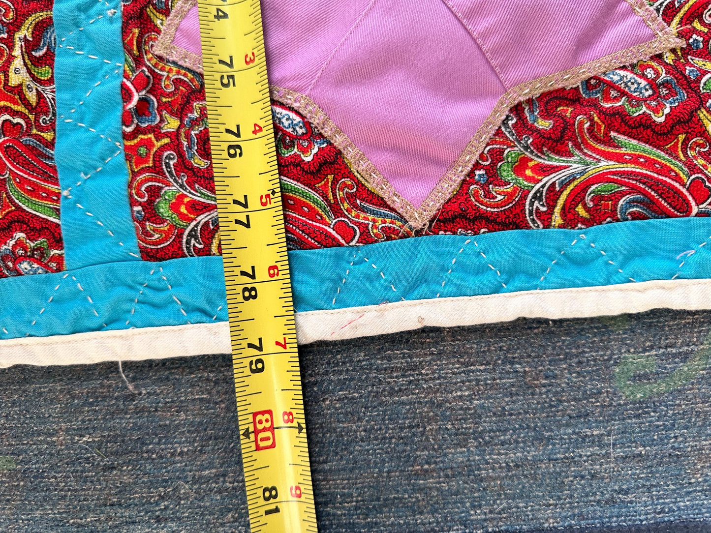 1980s Hand-Stitched Star Quilt – Multicolor Cotton, Paisley Background, Turquoise Border (67" x 77")
