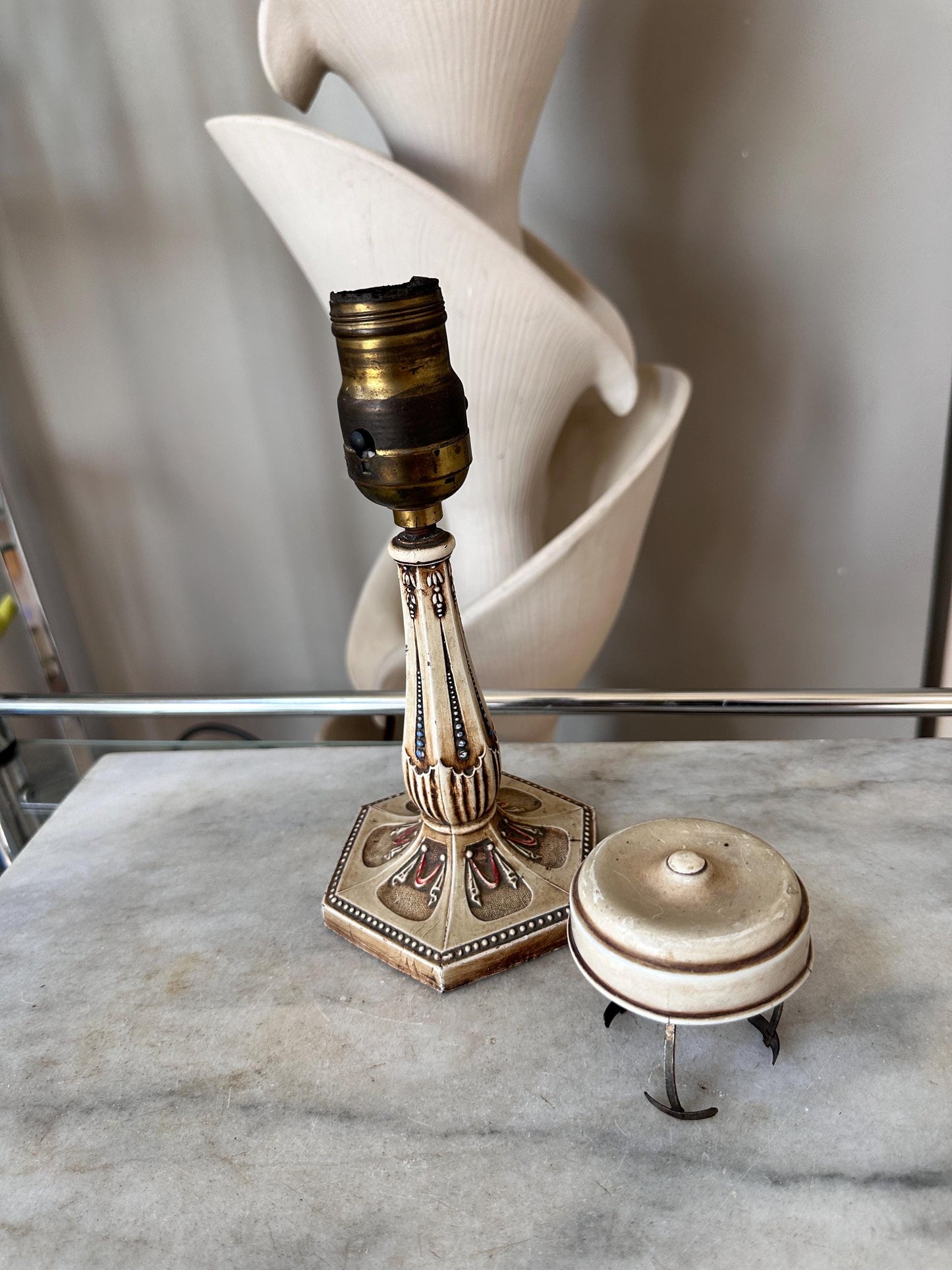 Vintage Cast Iron Lamp, Hand-Painted Details, Ornate Lighting, Unique Top Clip for a glass shade