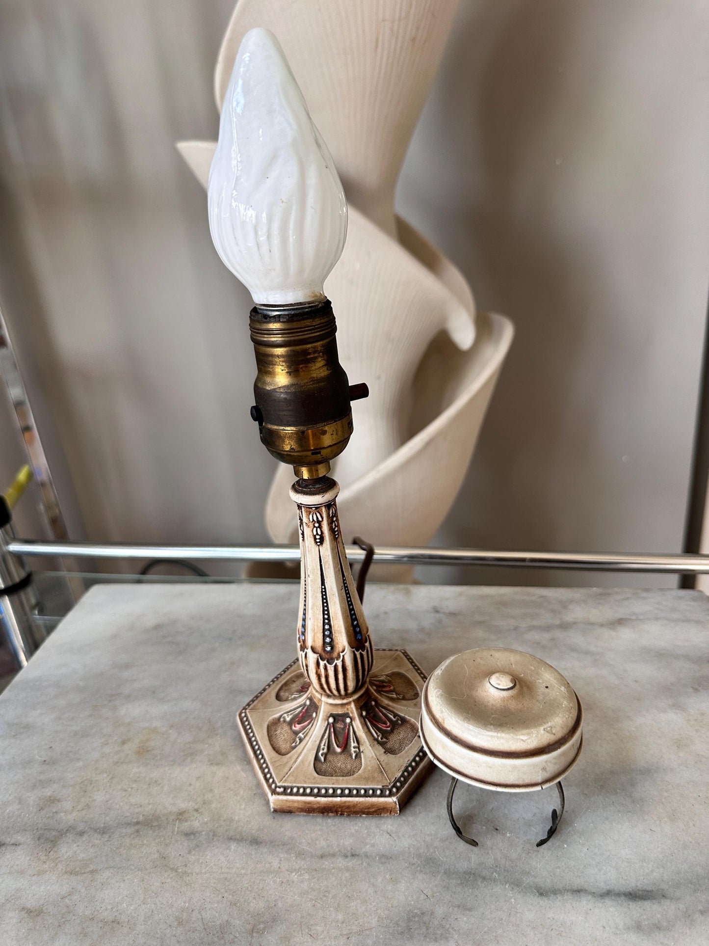 Vintage Cast Iron Lamp, Hand-Painted Details, Ornate Lighting, Unique Top Clip for a glass shade