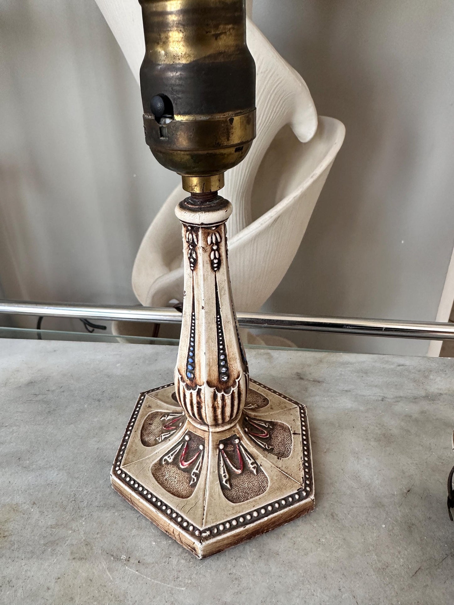 Vintage Cast Iron Lamp, Hand-Painted Details, Ornate Lighting, Unique Top Clip for a glass shade