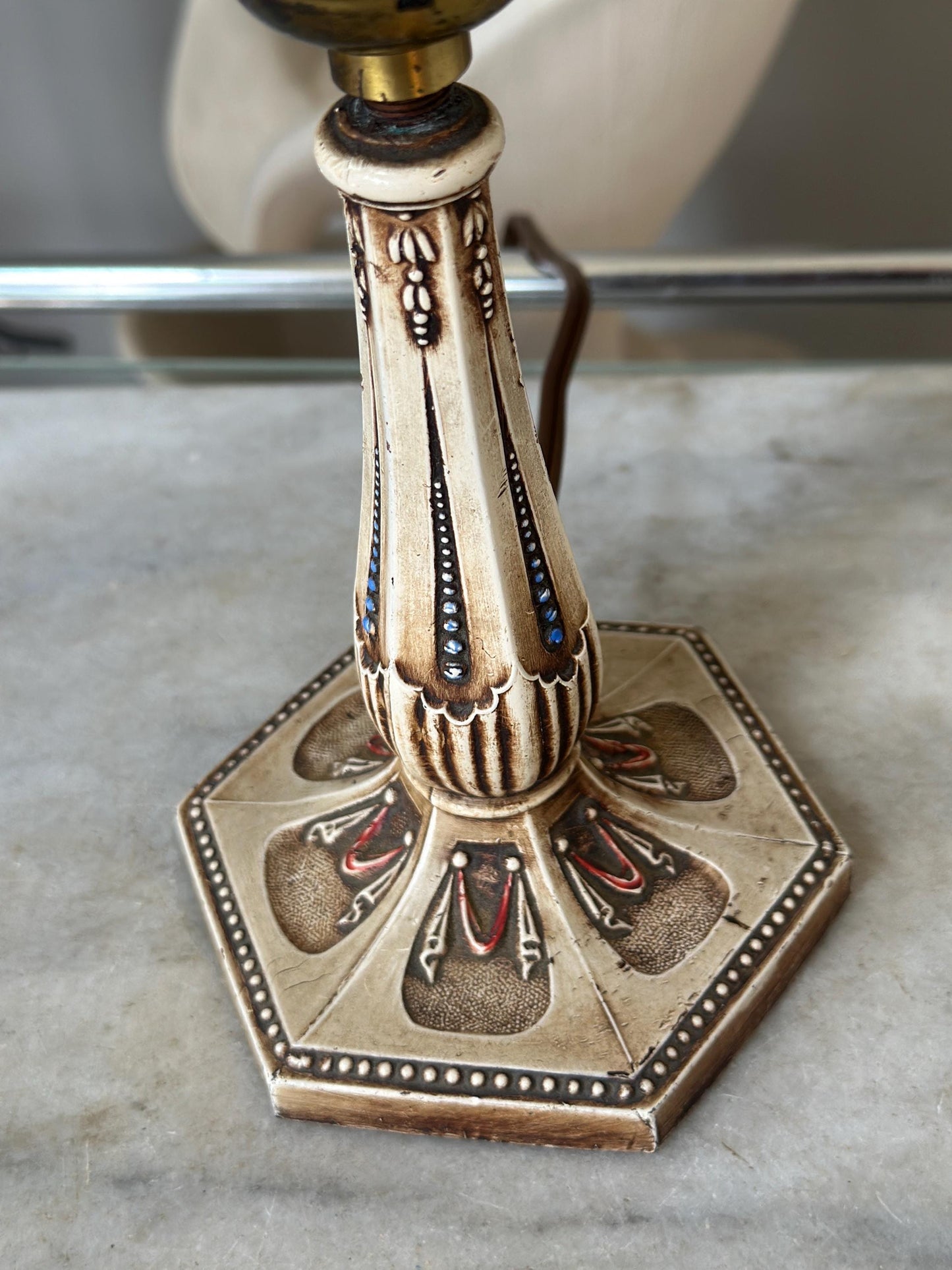 Vintage Cast Iron Lamp, Hand-Painted Details, Ornate Lighting, Unique Top Clip for a glass shade