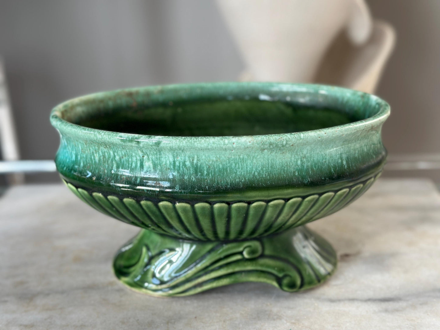 Vintage USA Pottery Green Drip Glaze Pedestal Compote Planter – Ribbed Leaf Design MCM 9”