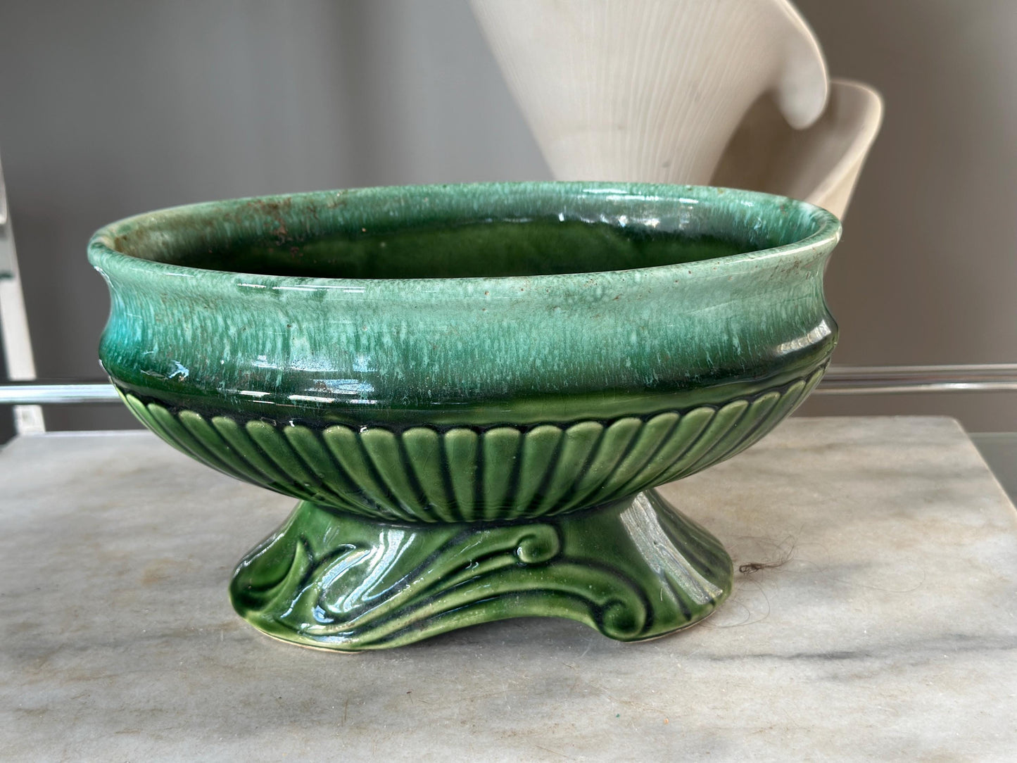 Vintage USA Pottery Green Drip Glaze Pedestal Compote Planter – Ribbed Leaf Design MCM 9”