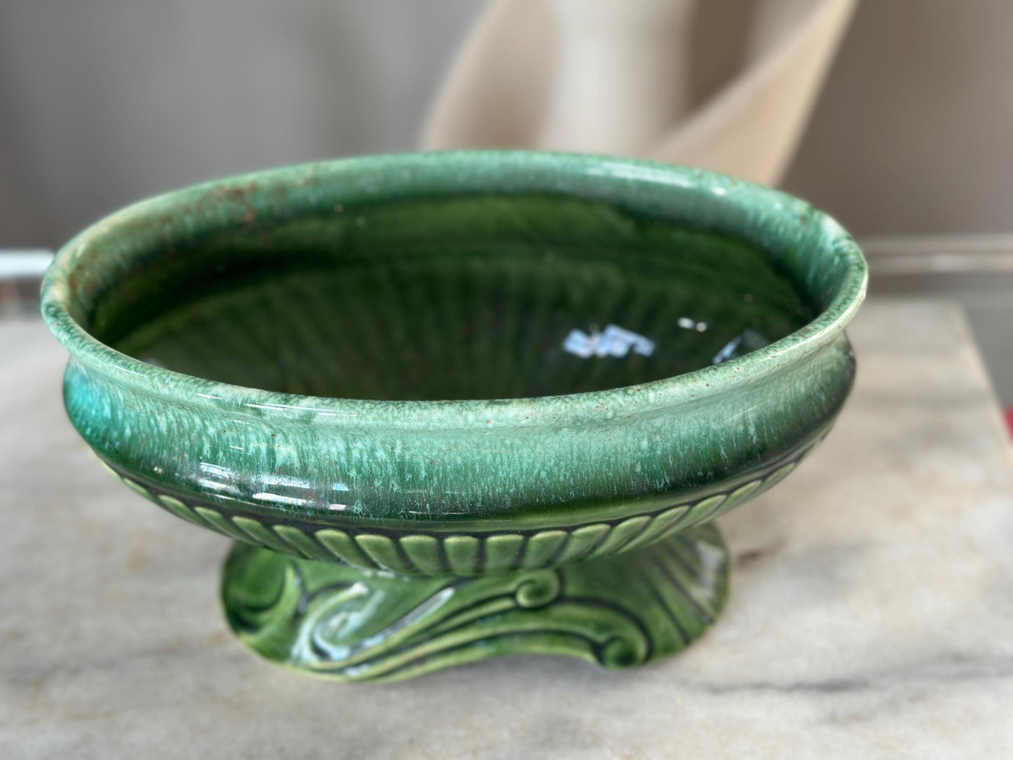 Vintage USA Pottery Green Drip Glaze Pedestal Compote Planter – Ribbed Leaf Design MCM 9”