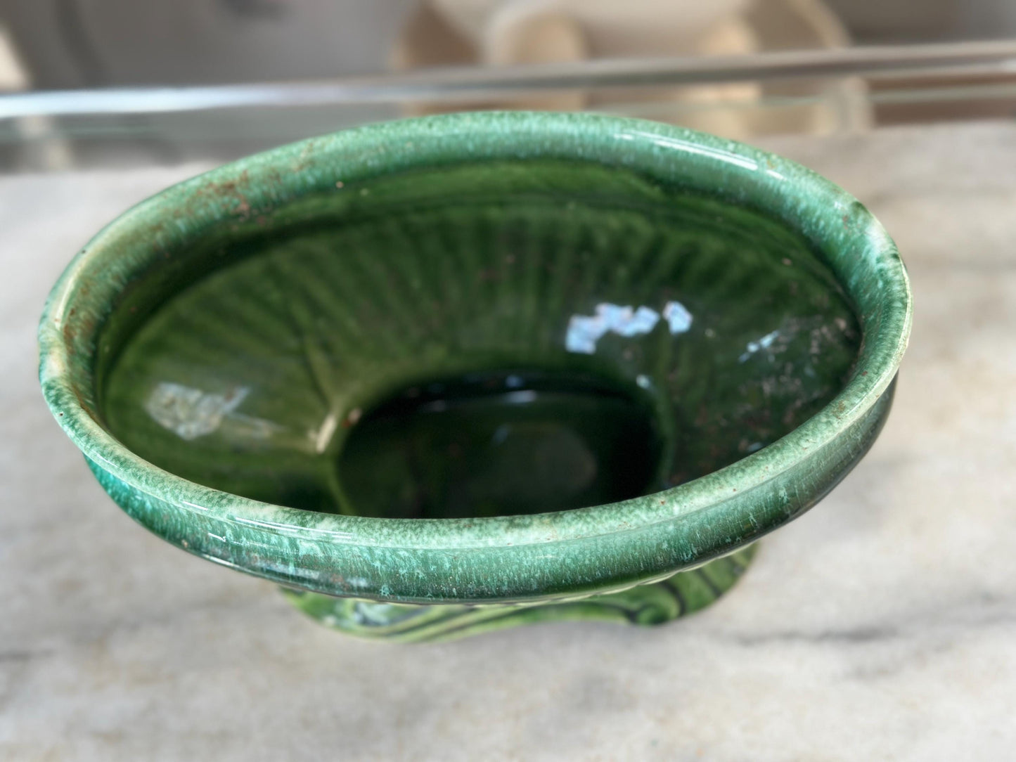 Vintage USA Pottery Green Drip Glaze Pedestal Compote Planter – Ribbed Leaf Design MCM 9”