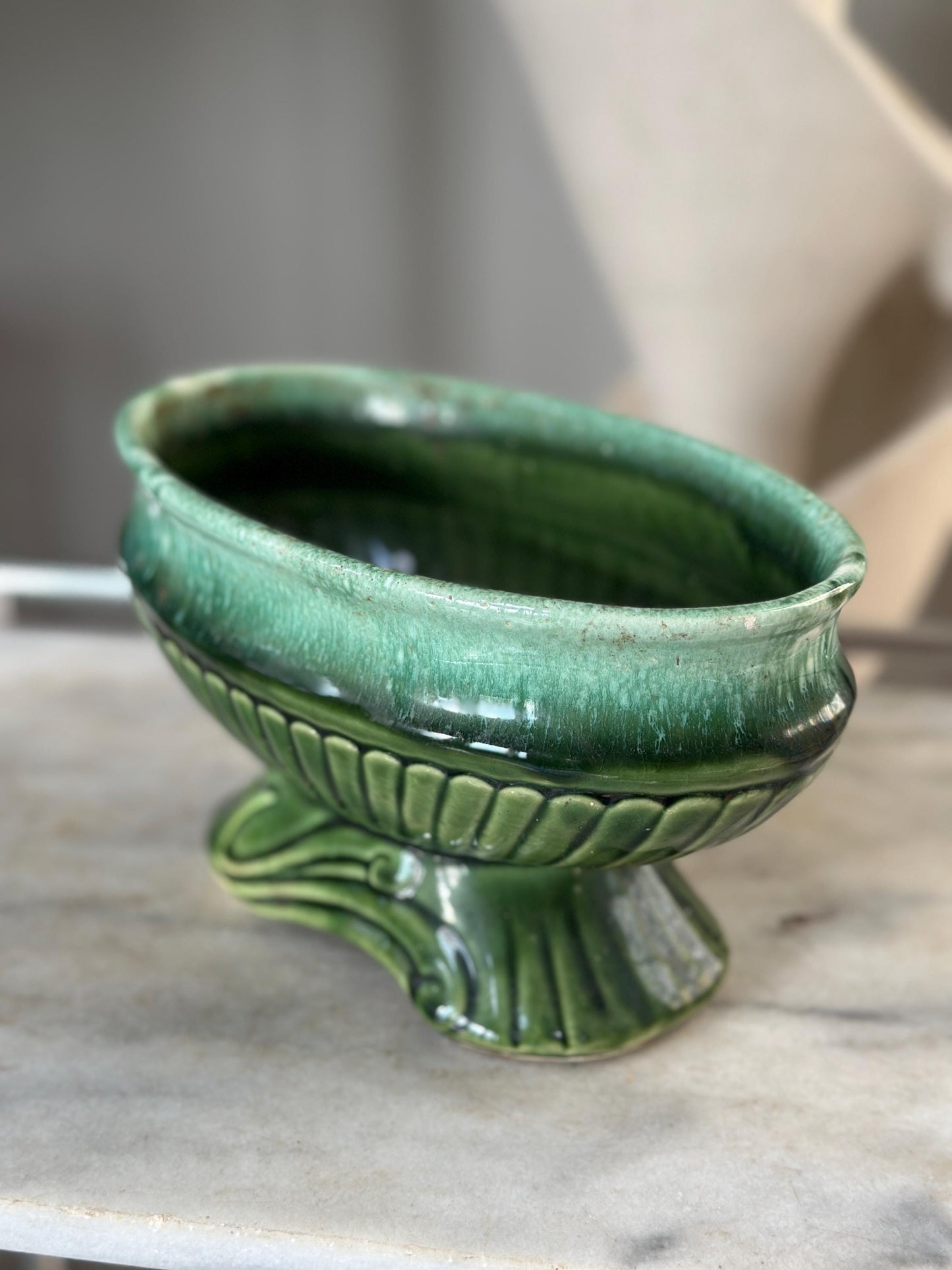 Vintage USA Pottery Green Drip Glaze Pedestal Compote Planter – Ribbed Leaf Design MCM 9”