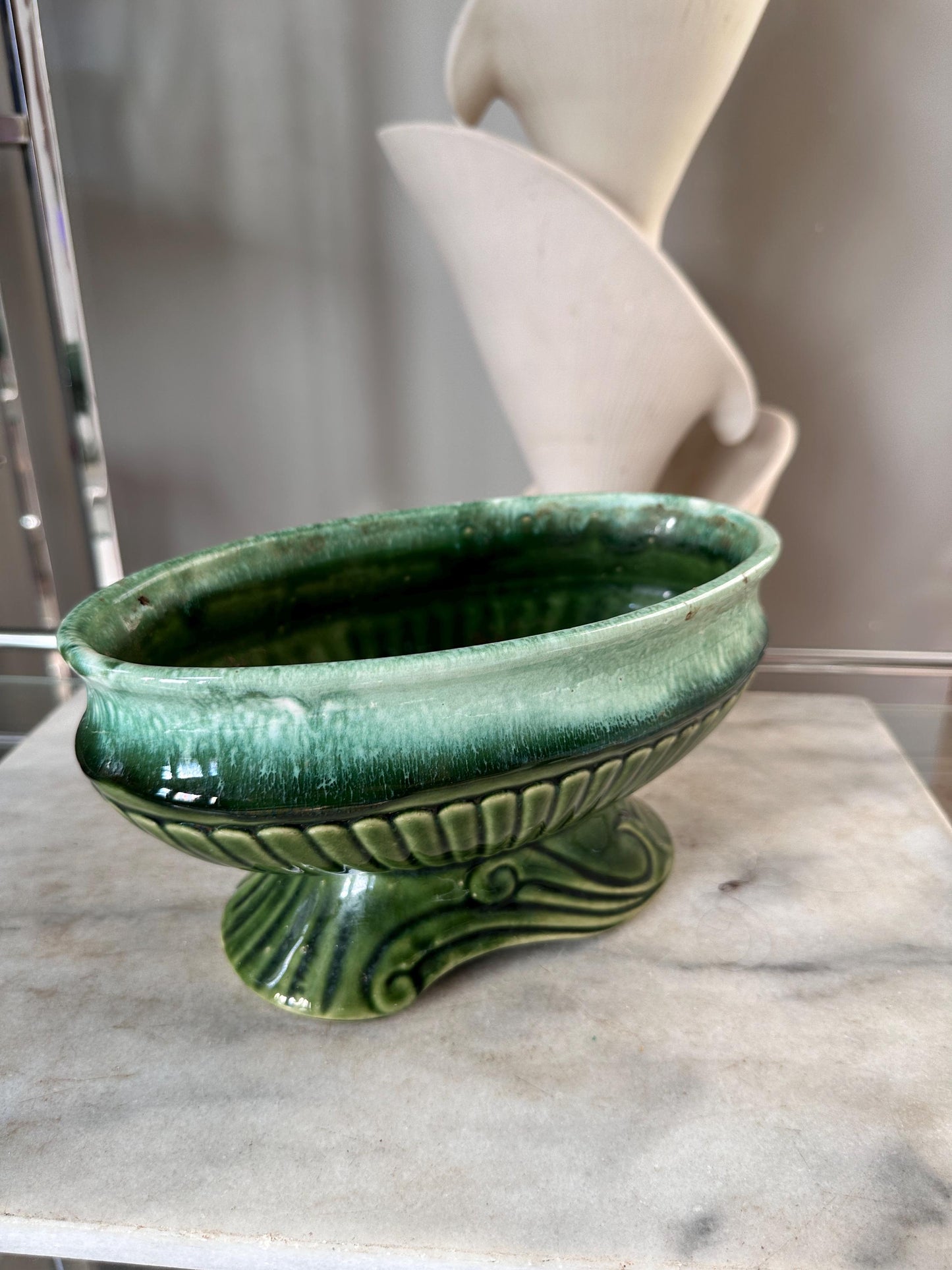 Vintage USA Pottery Green Drip Glaze Pedestal Compote Planter – Ribbed Leaf Design MCM 9”