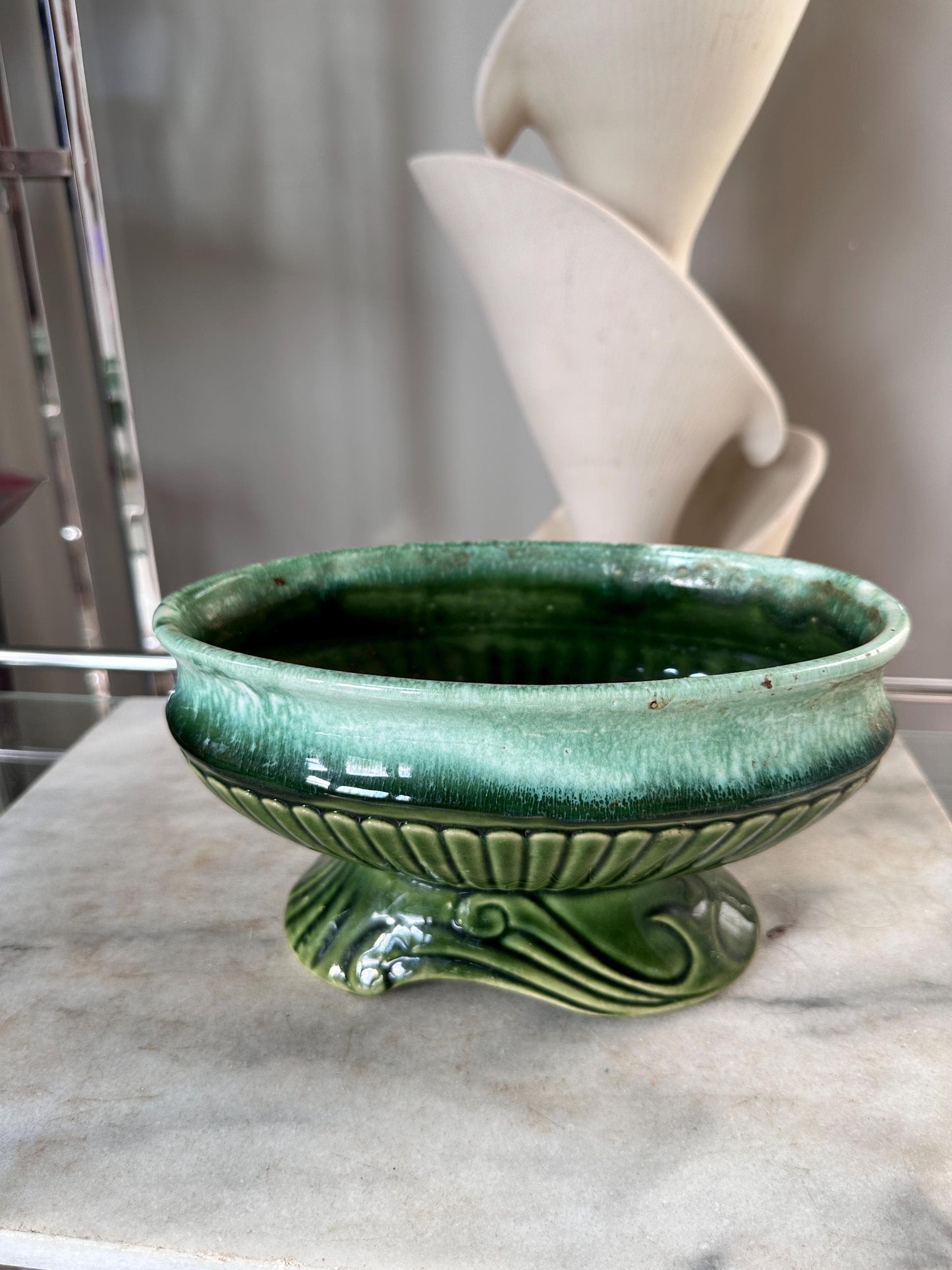 Vintage USA Pottery Green Drip Glaze Pedestal Compote Planter – Ribbed Leaf Design MCM 9”