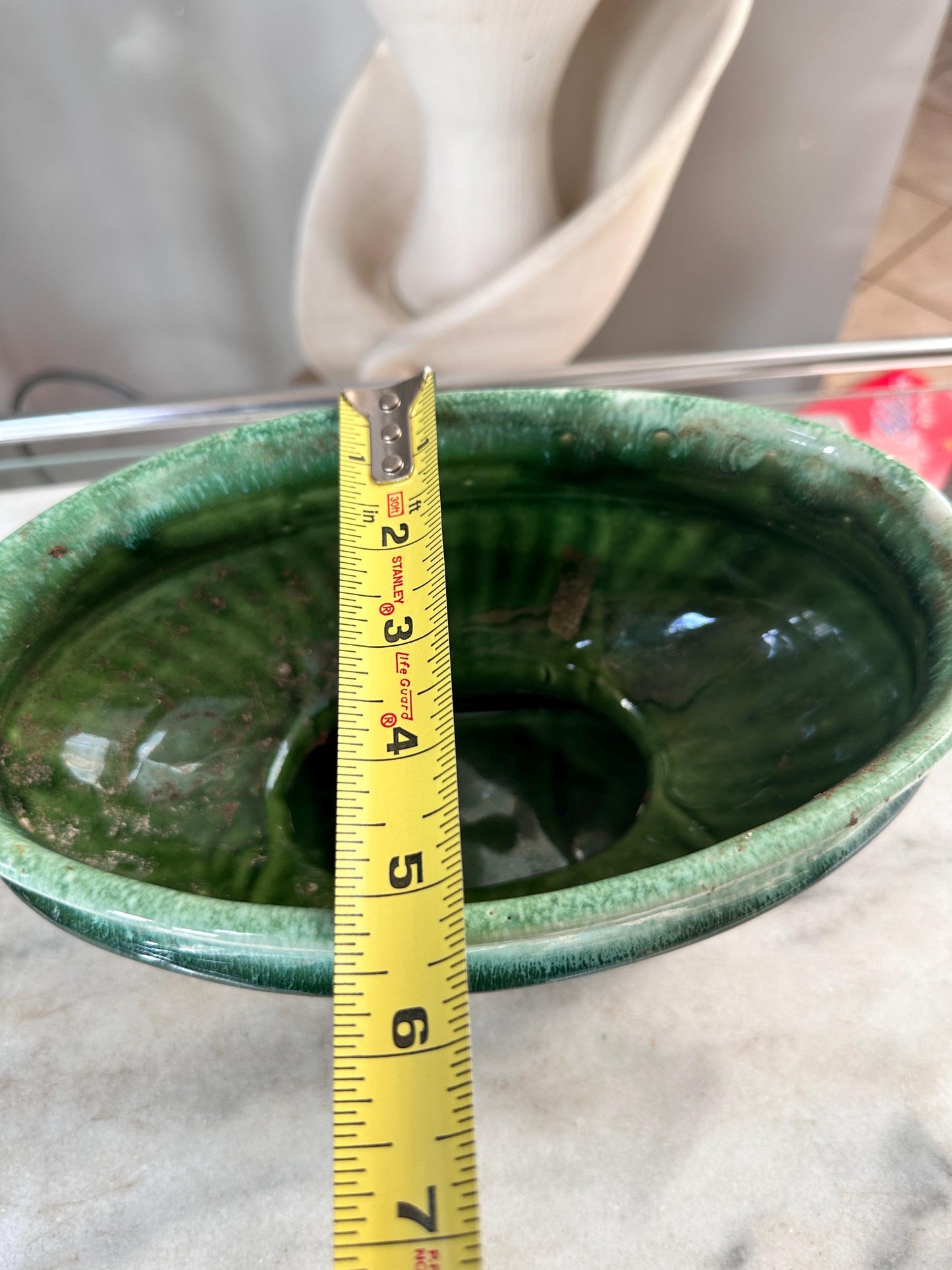 Vintage USA Pottery Green Drip Glaze Pedestal Compote Planter – Ribbed Leaf Design MCM 9”