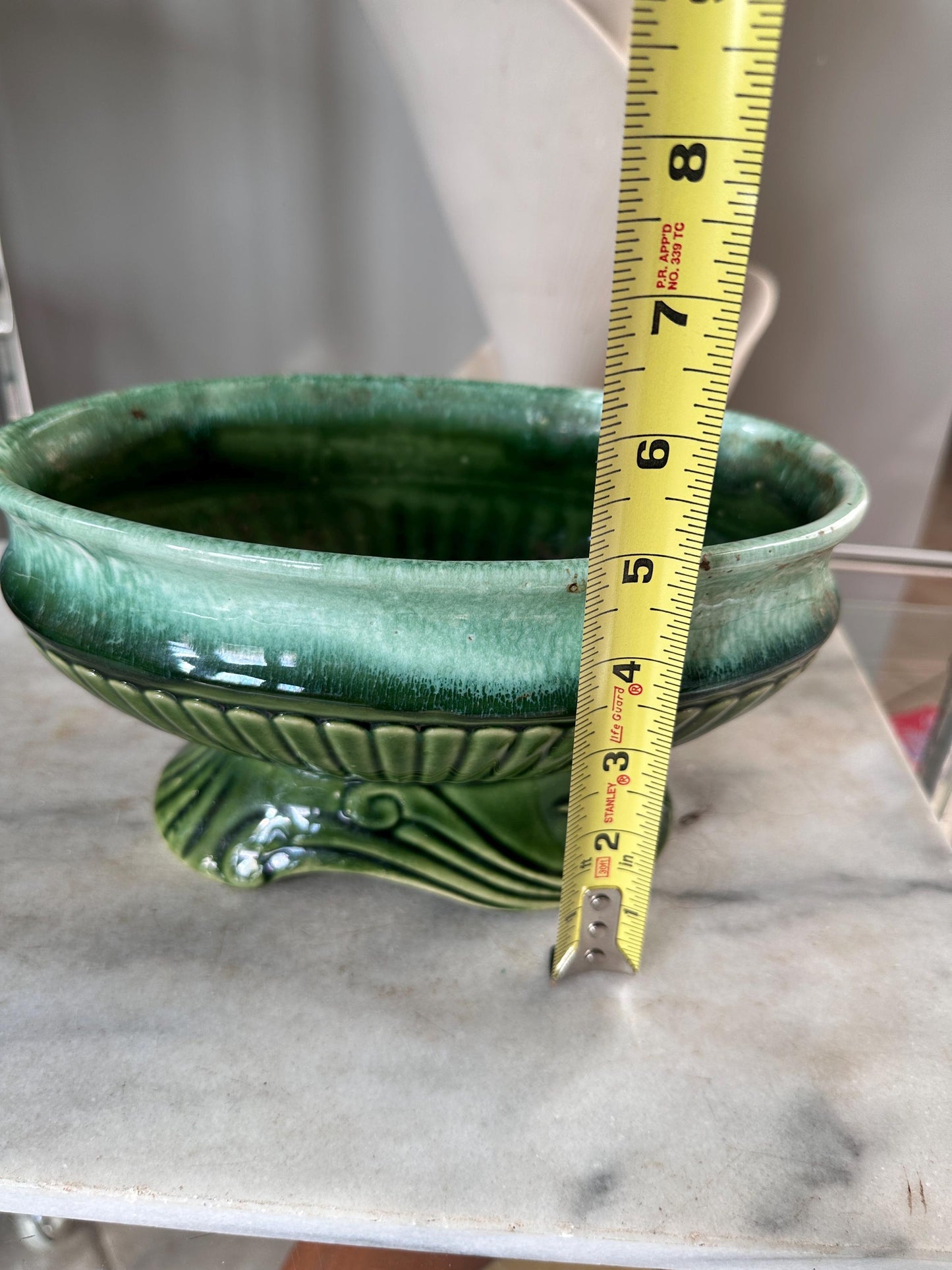 Vintage USA Pottery Green Drip Glaze Pedestal Compote Planter – Ribbed Leaf Design MCM 9”