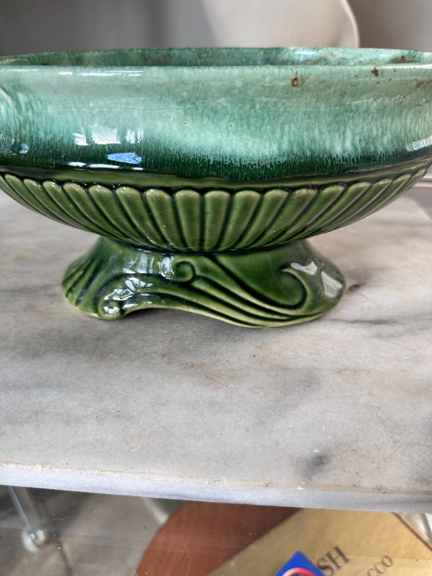 Vintage USA Pottery Green Drip Glaze Pedestal Compote Planter – Ribbed Leaf Design MCM 9”