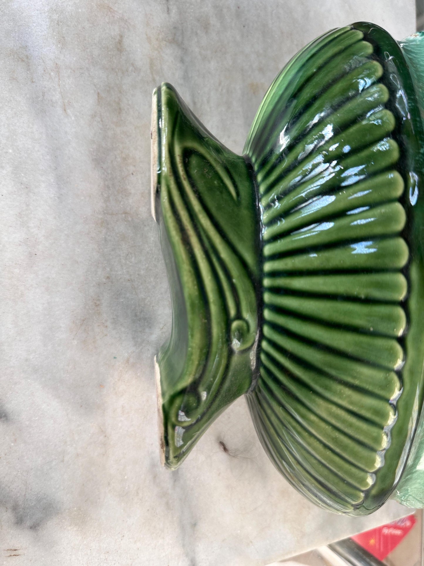 Vintage USA Pottery Green Drip Glaze Pedestal Compote Planter – Ribbed Leaf Design MCM 9”