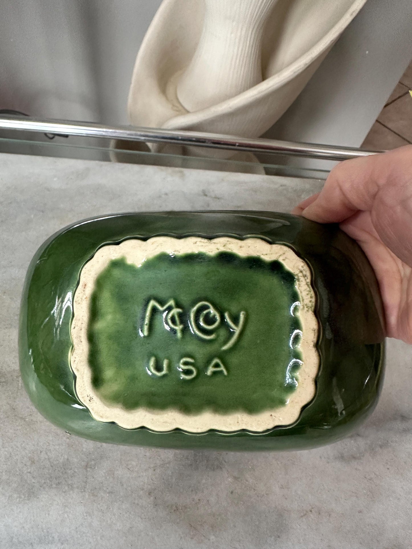 Vintage McCoy Green Drip Glaze Pedestal Planter Dish #1801 – Mid Century Ceramic USA Pottery