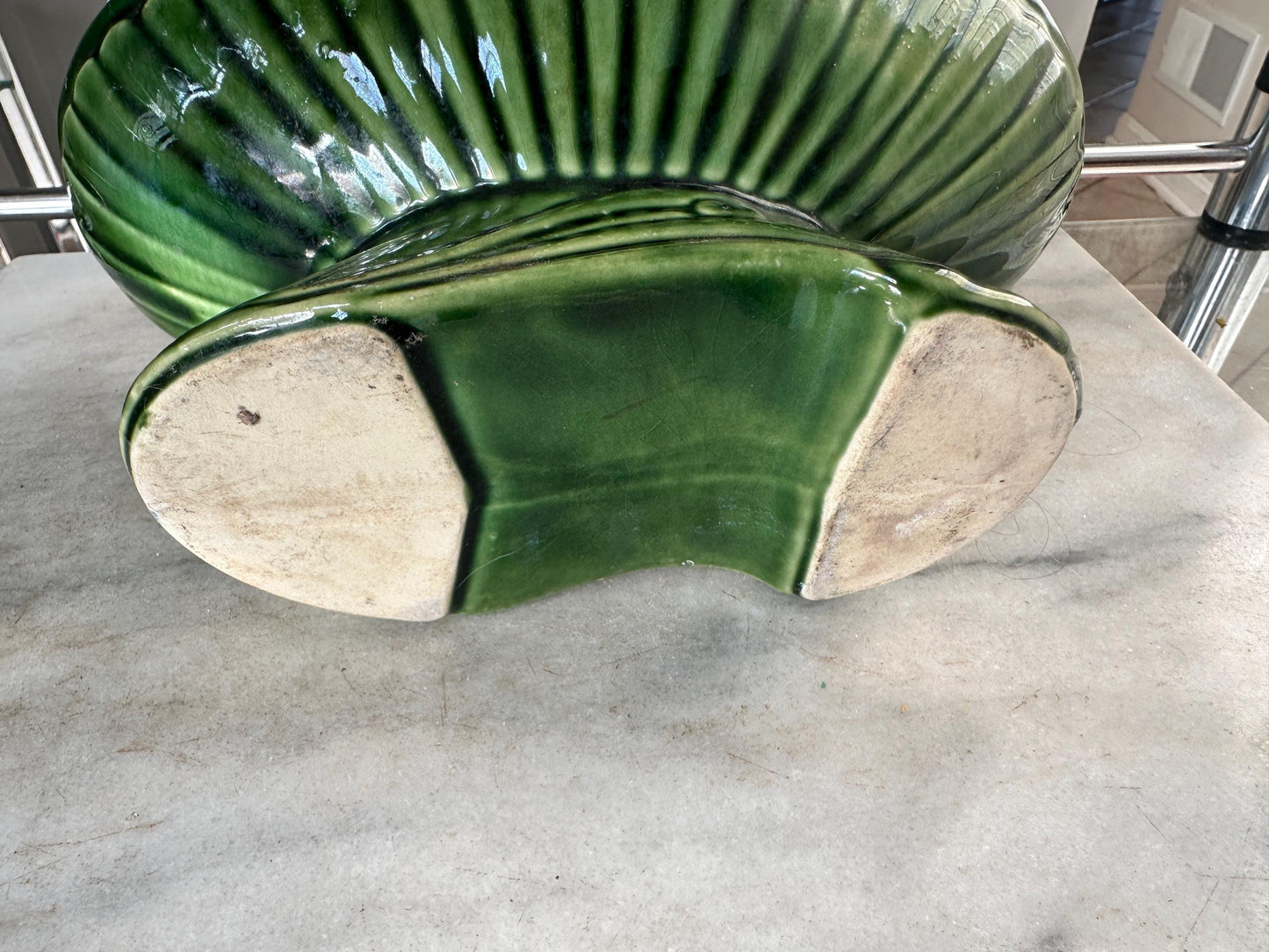 Vintage USA Pottery Green Drip Glaze Pedestal Compote Planter – Ribbed Leaf Design MCM 9”