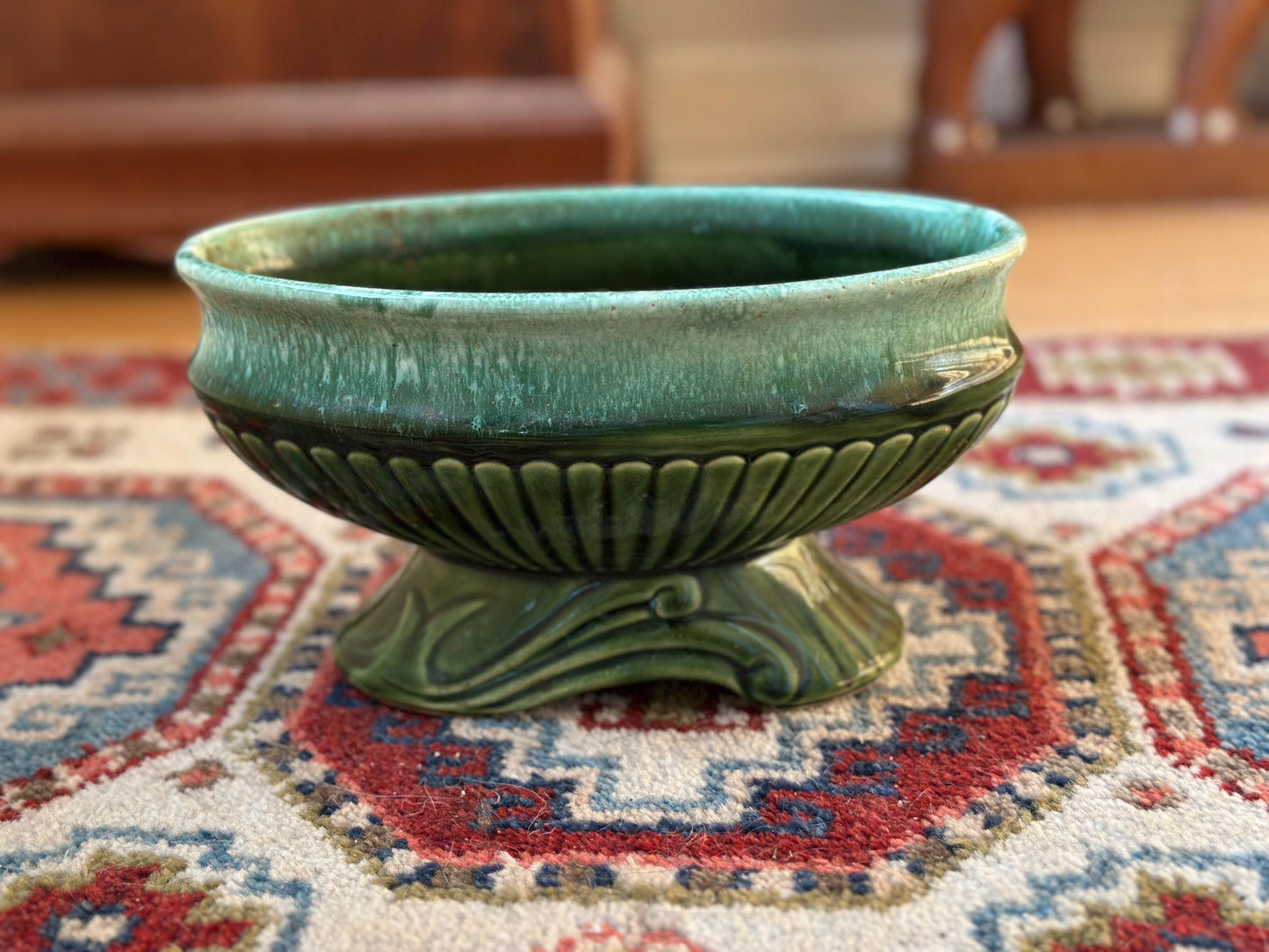 Vintage USA Pottery Green Drip Glaze Pedestal Compote Planter – Ribbed Leaf Design MCM 9”