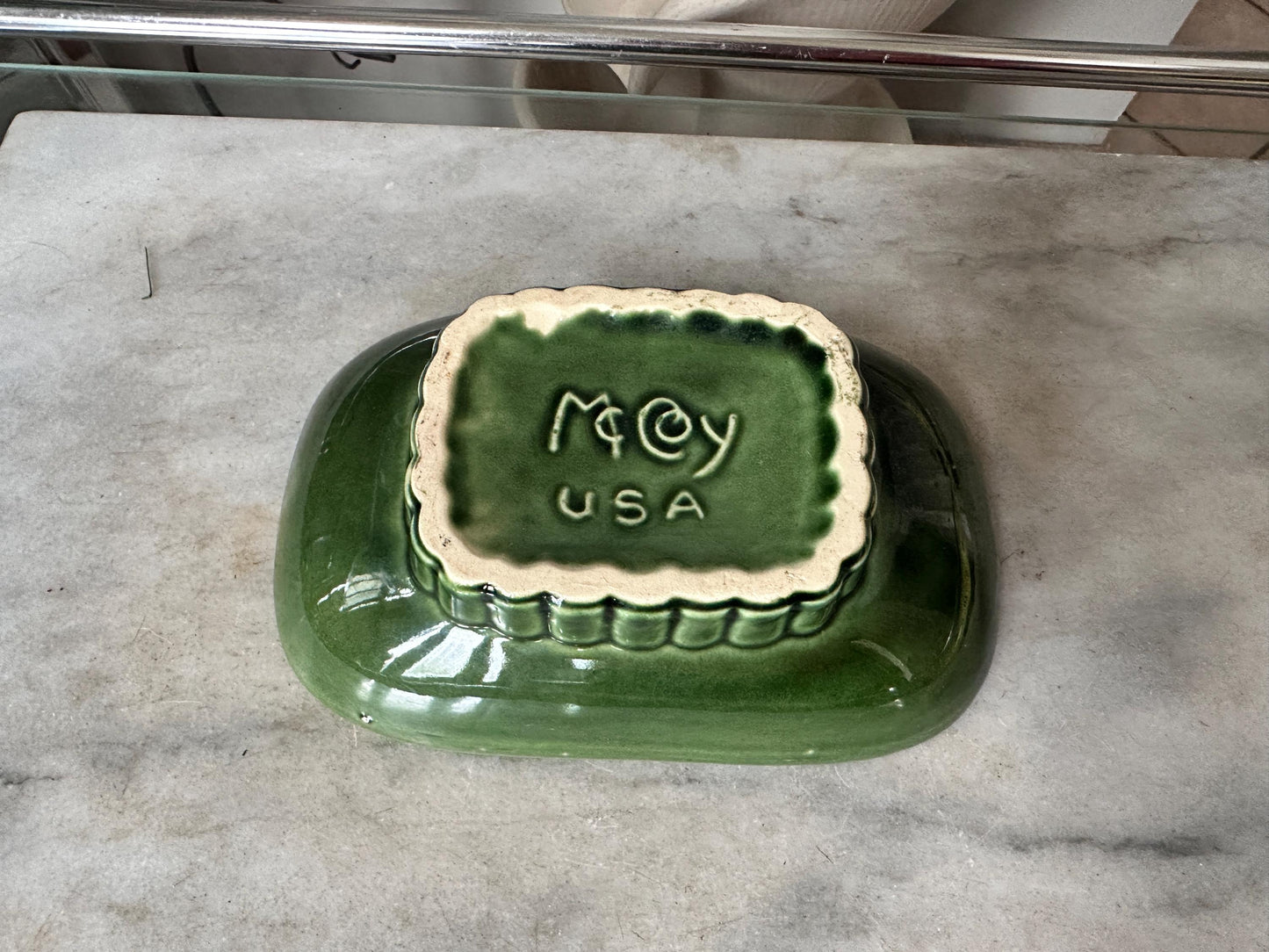 Vintage McCoy Green Drip Glaze Pedestal Planter Dish #1801 – Mid Century Ceramic USA Pottery