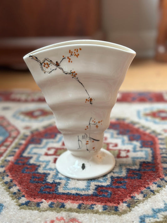 Baatz USA Hand-Painted Ceramic Vase – Orange Floral Branch Pedestal 6” Tall