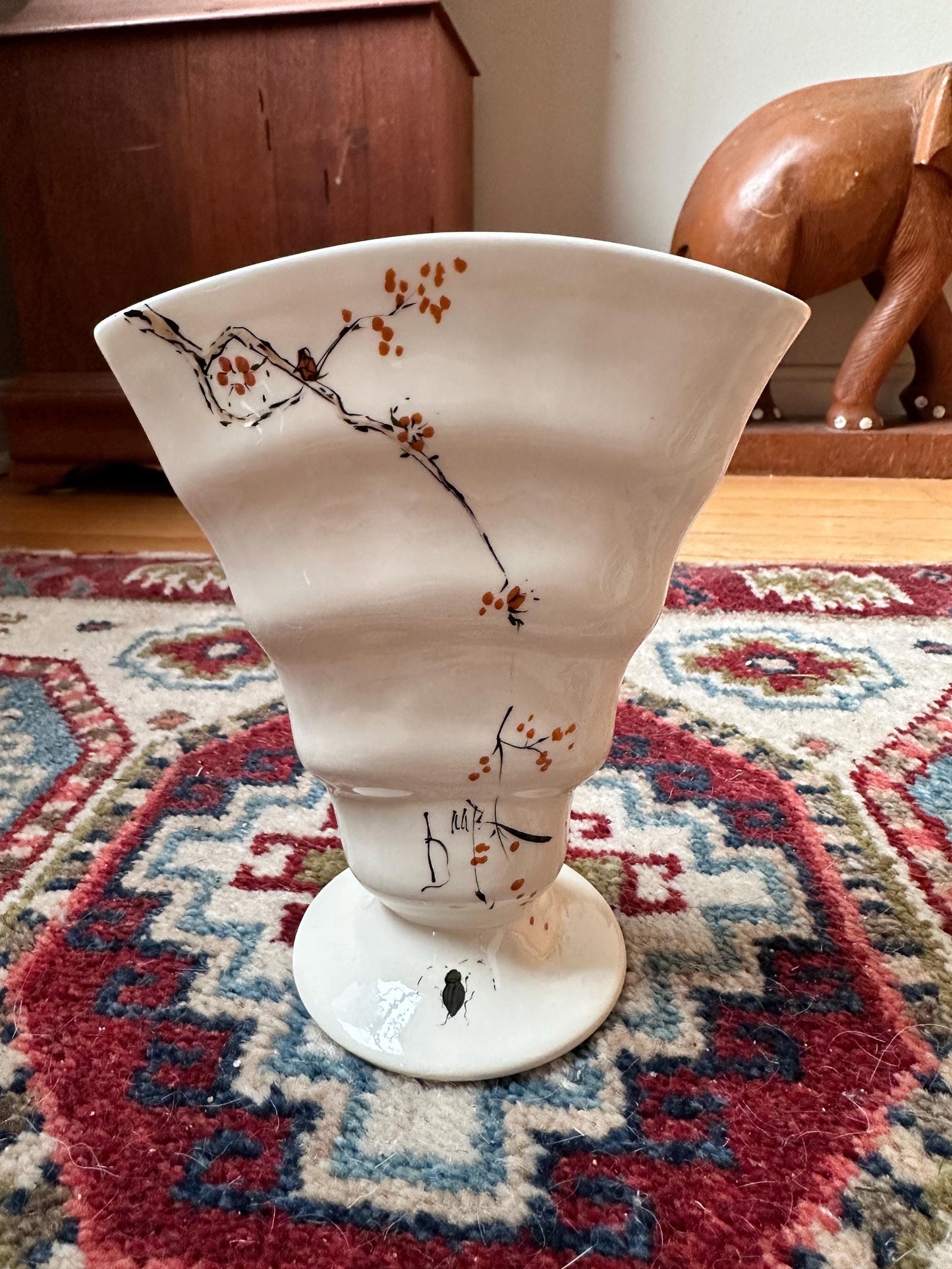 Baatz USA Hand-Painted Ceramic Vase – Orange Floral Branch Pedestal 6” Tall