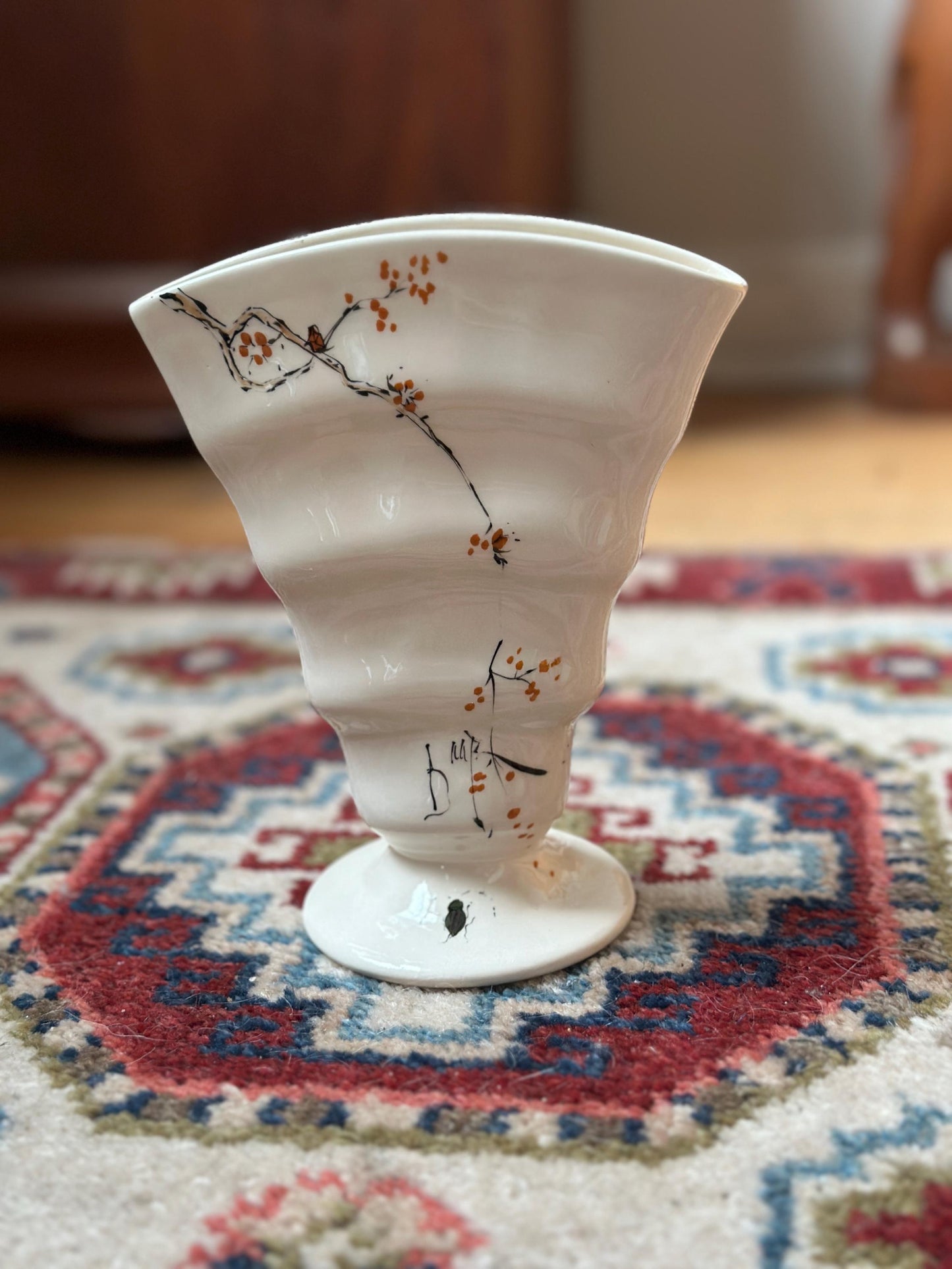 Baatz USA Hand-Painted Ceramic Vase – Orange Floral Branch Pedestal 6” Tall