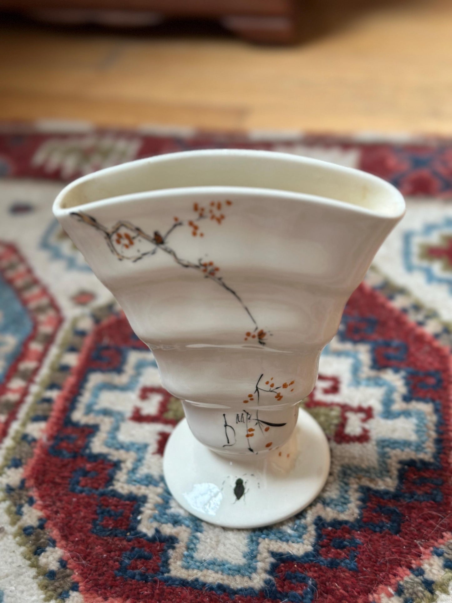 Baatz USA Hand-Painted Ceramic Vase – Orange Floral Branch Pedestal 6” Tall