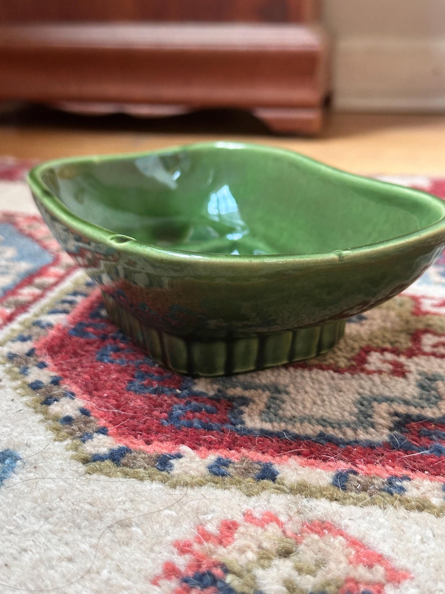 Vintage McCoy Green Drip Glaze Pedestal Planter Dish #1801 – Mid Century Ceramic USA Pottery