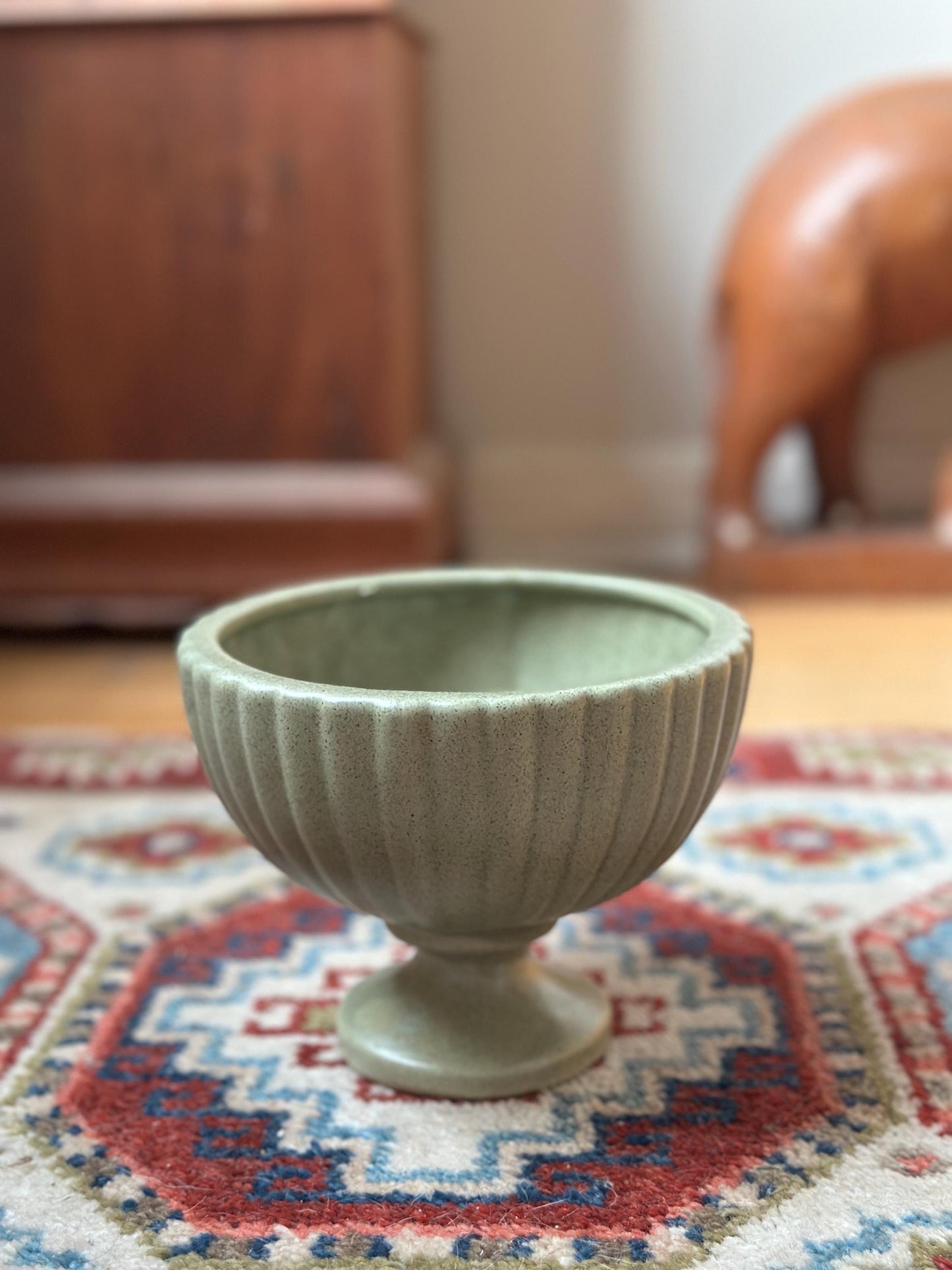 Haeger USA Pedestal Footed Ribbed Pot Planter Green Art Pottery 5” Matte Finish