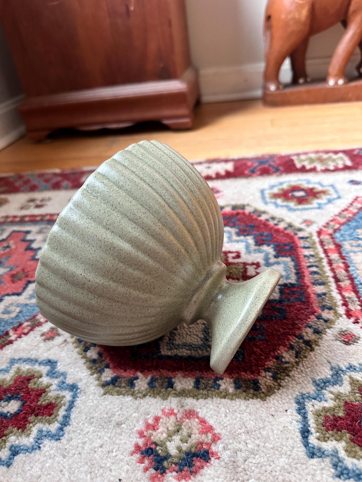 Haeger USA Pedestal Footed Ribbed Pot Planter Green Art Pottery 5” Matte Finish