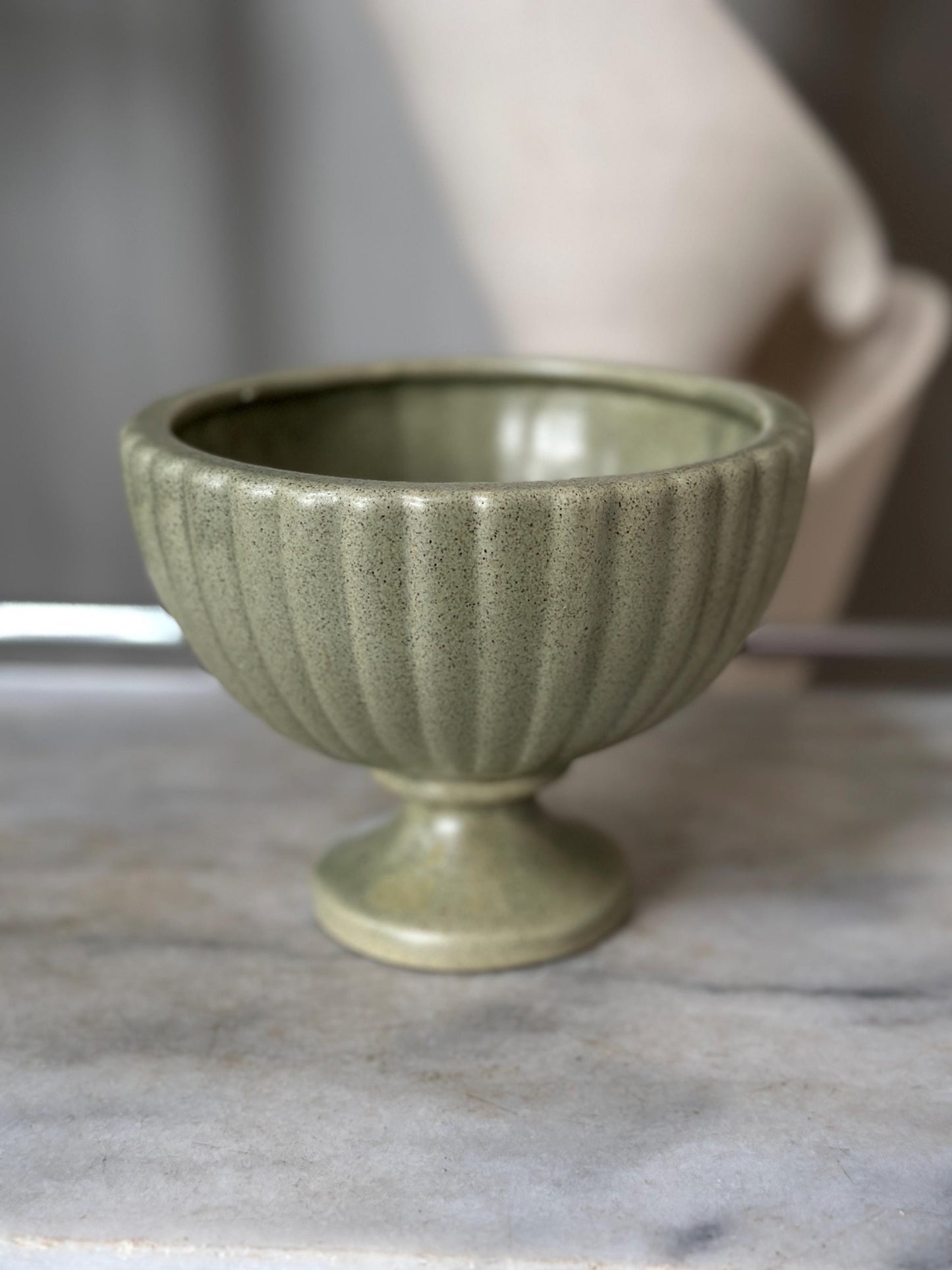 Haeger USA Pedestal Footed Ribbed Pot Planter Green Art Pottery 5” Matte Finish