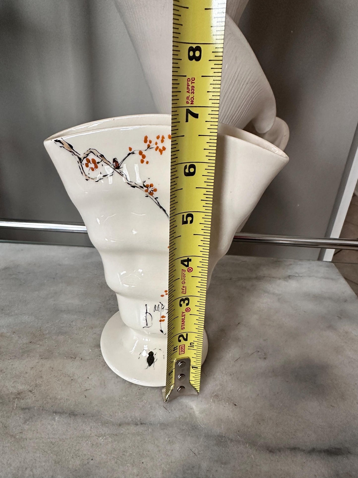 Baatz USA Hand-Painted Ceramic Vase – Orange Floral Branch Pedestal 6” Tall