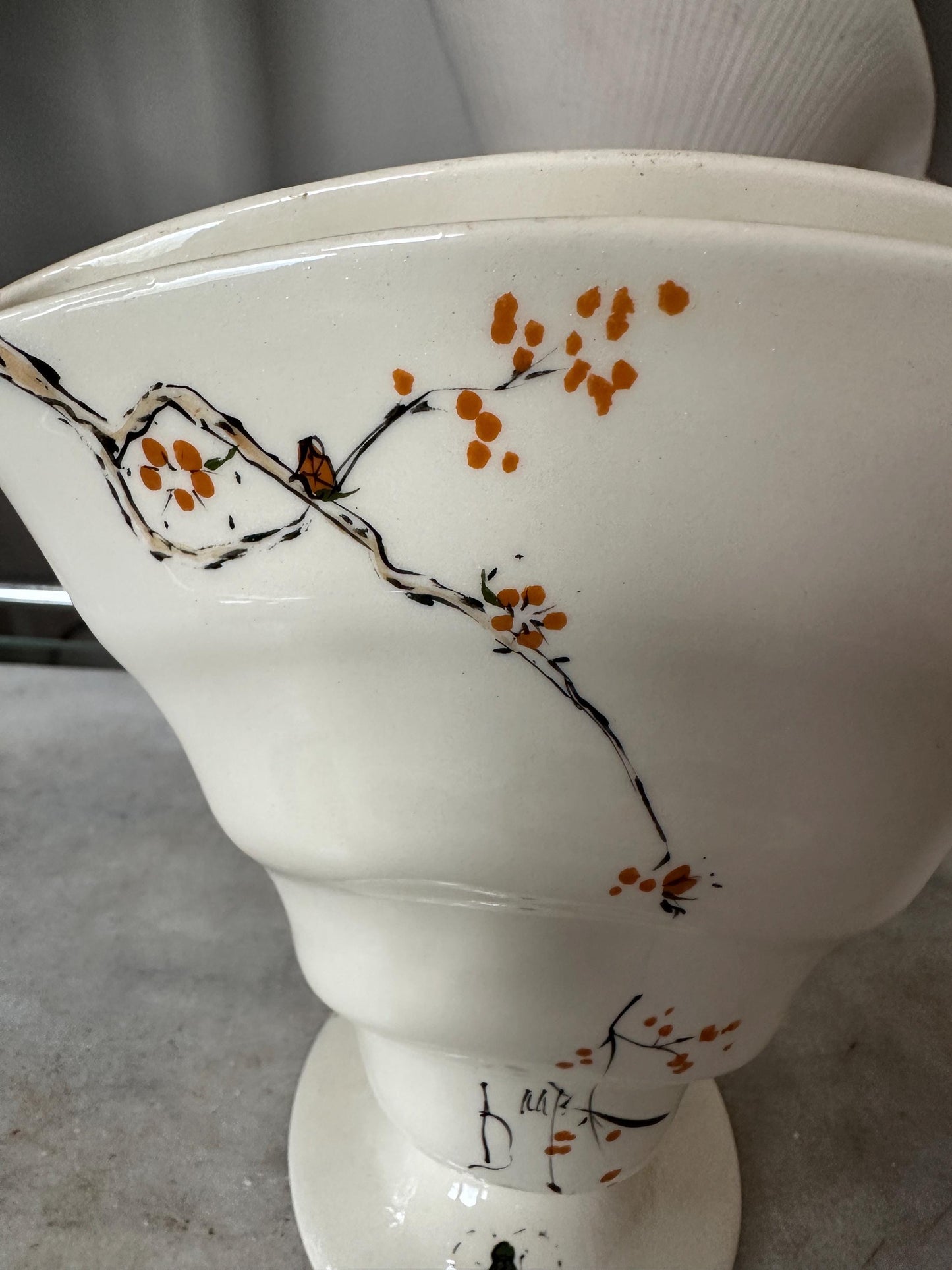 Baatz USA Hand-Painted Ceramic Vase – Orange Floral Branch Pedestal 6” Tall