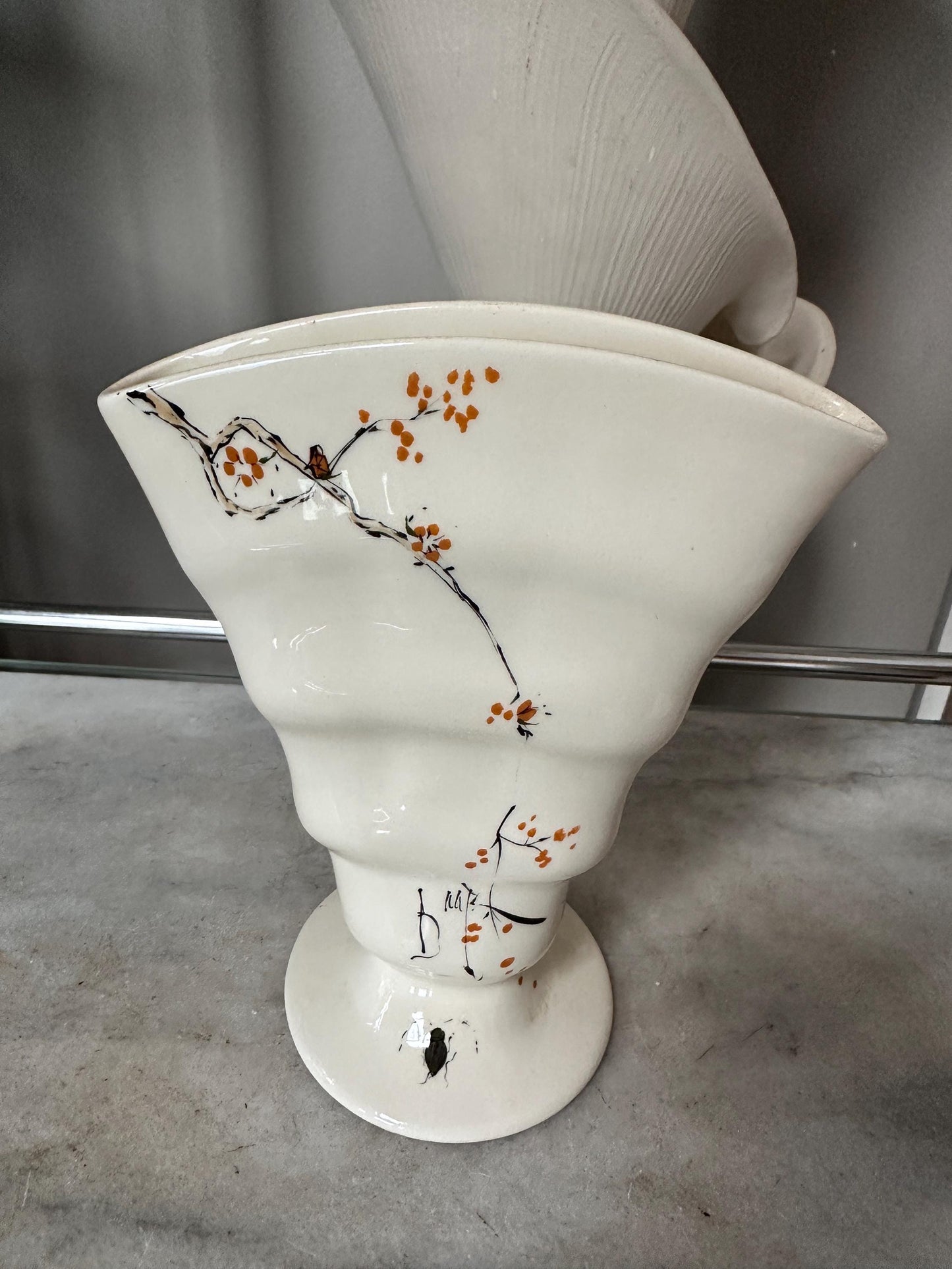 Baatz USA Hand-Painted Ceramic Vase – Orange Floral Branch Pedestal 6” Tall