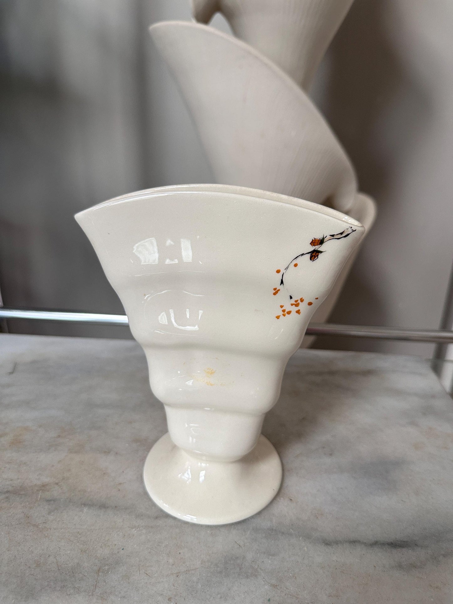 Baatz USA Hand-Painted Ceramic Vase – Orange Floral Branch Pedestal 6” Tall