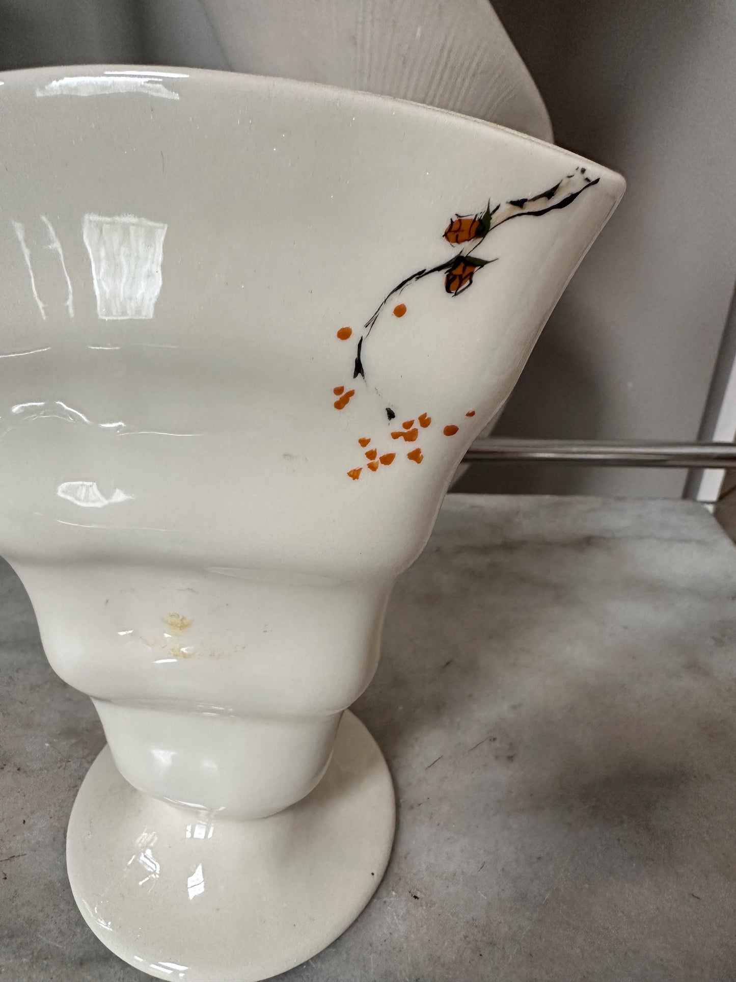 Baatz USA Hand-Painted Ceramic Vase – Orange Floral Branch Pedestal 6” Tall