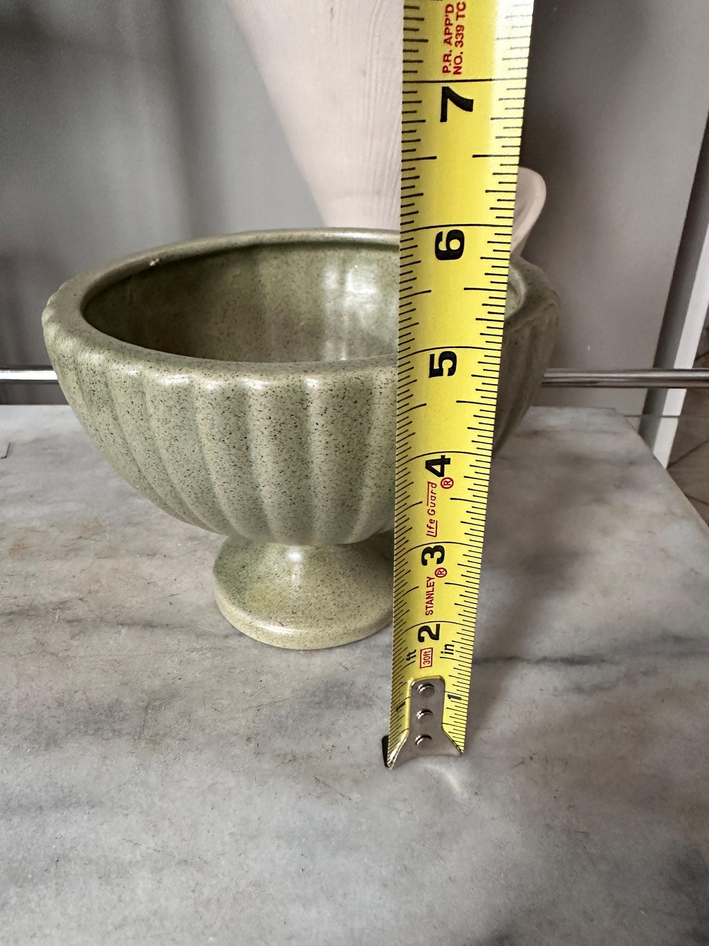 Haeger USA Pedestal Footed Ribbed Pot Planter Green Art Pottery 5” Matte Finish