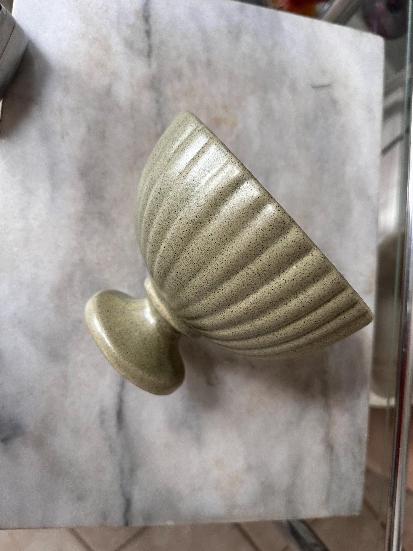 Haeger USA Pedestal Footed Ribbed Pot Planter Green Art Pottery 5” Matte Finish