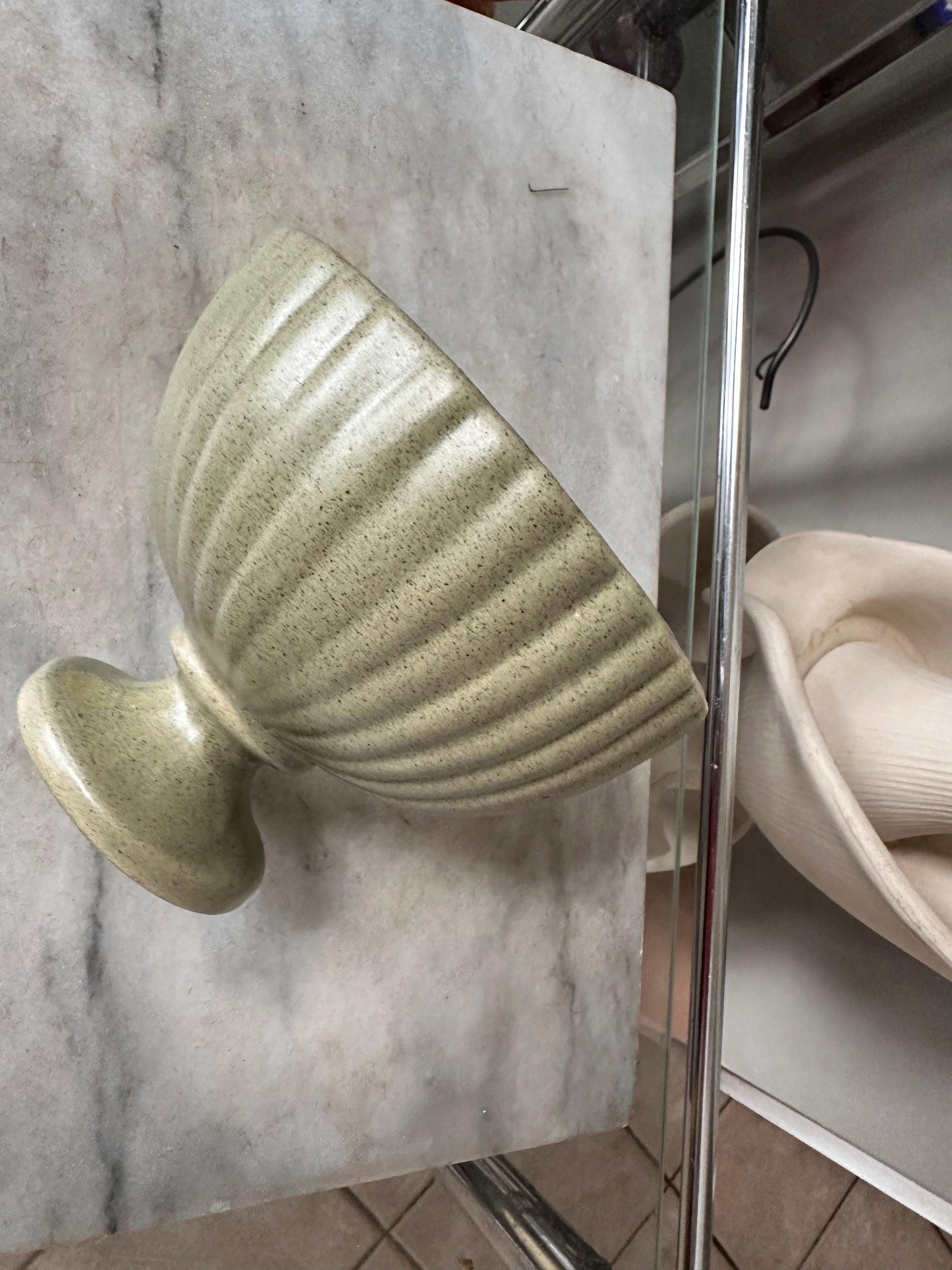 Haeger USA Pedestal Footed Ribbed Pot Planter Green Art Pottery 5” Matte Finish