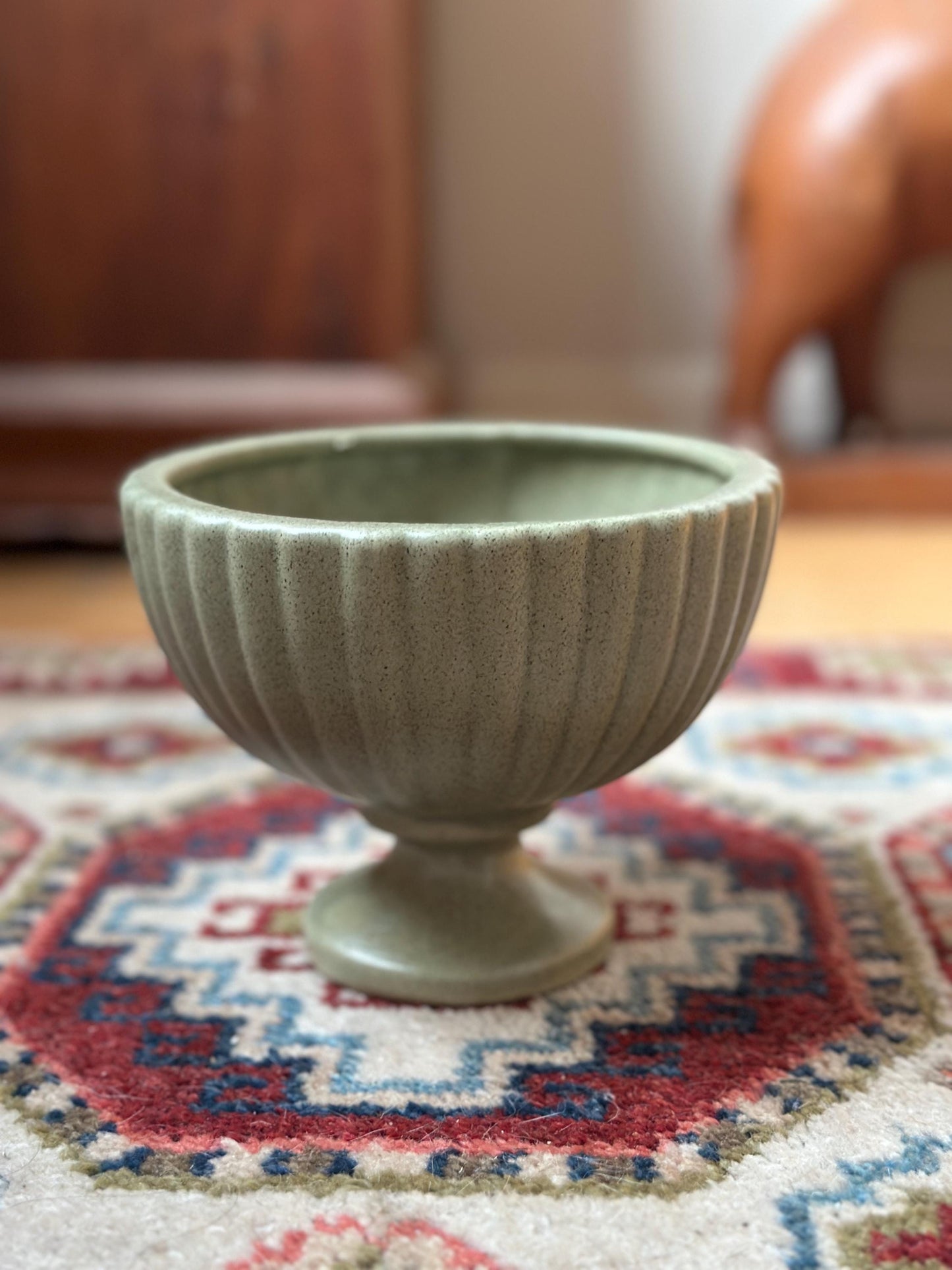 Haeger USA Pedestal Footed Ribbed Pot Planter Green Art Pottery 5” Matte Finish
