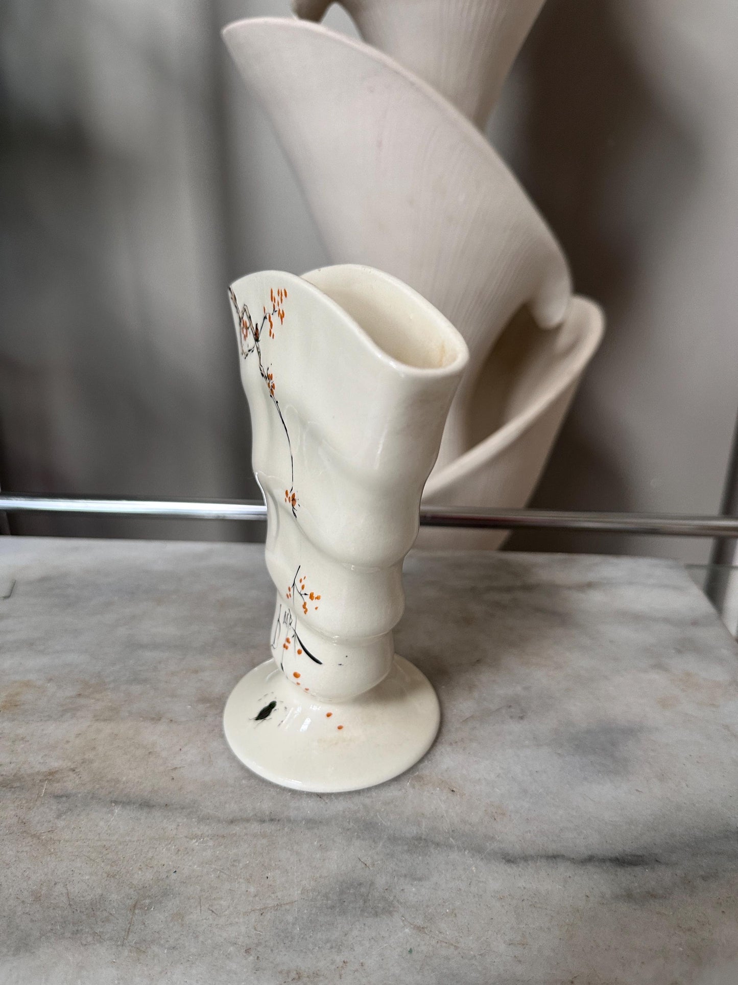 Baatz USA Hand-Painted Ceramic Vase – Orange Floral Branch Pedestal 6” Tall