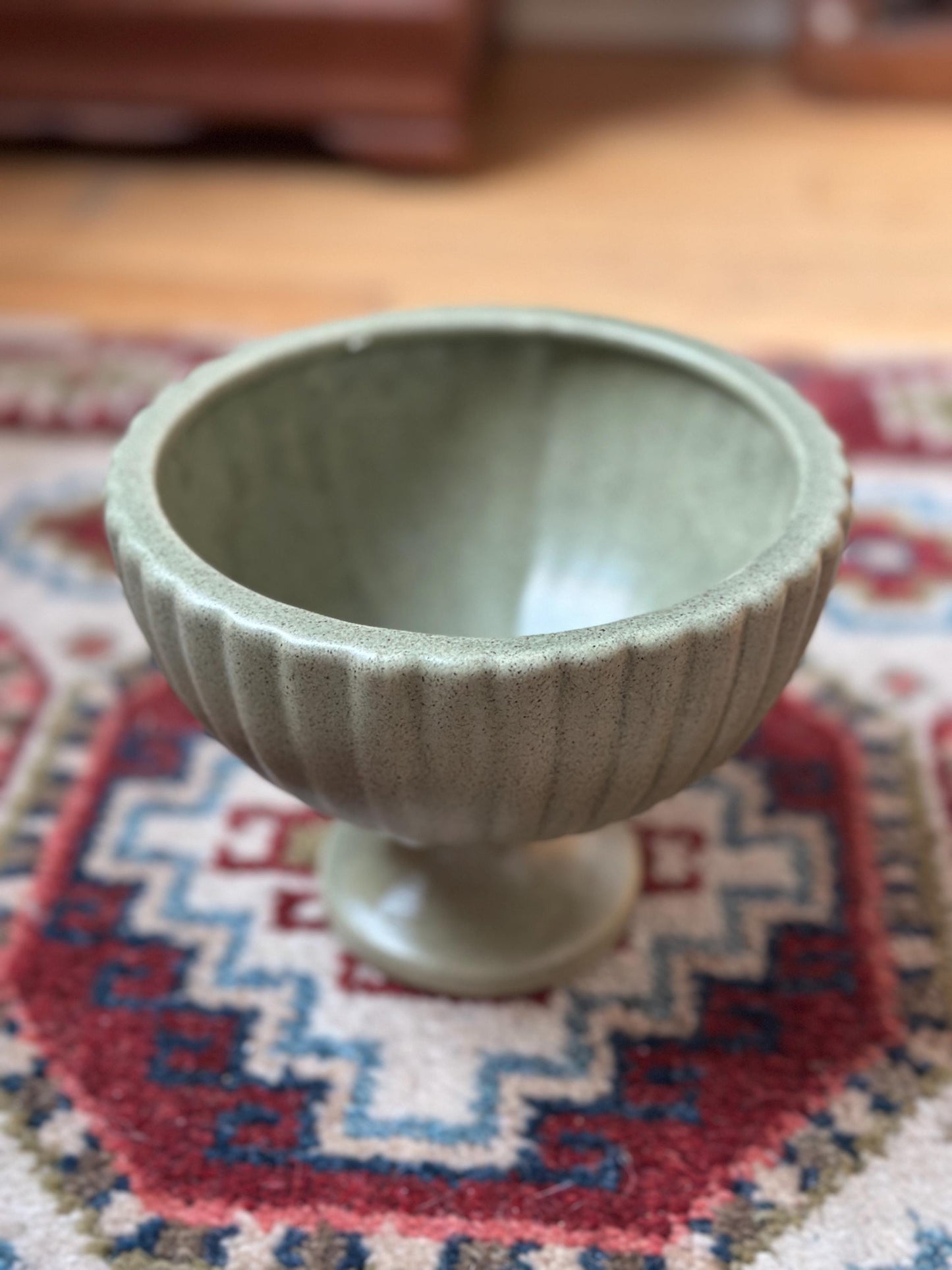 Haeger USA Pedestal Footed Ribbed Pot Planter Green Art Pottery 5” Matte Finish