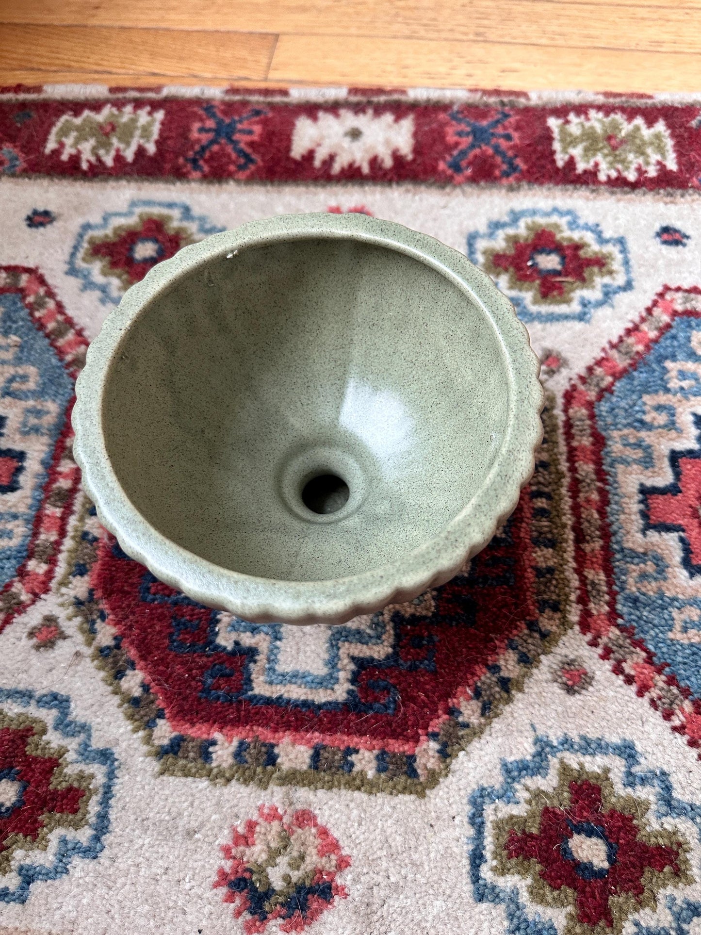 Haeger USA Pedestal Footed Ribbed Pot Planter Green Art Pottery 5” Matte Finish