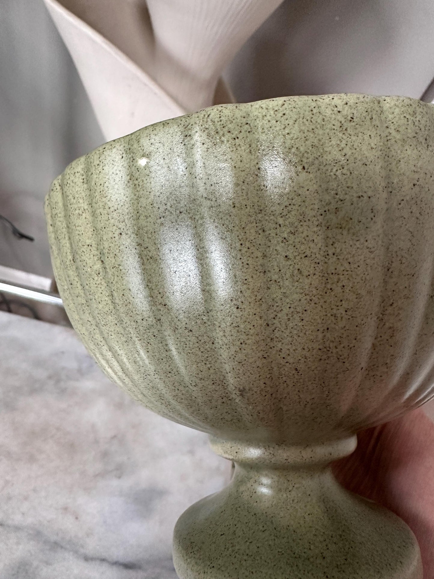 Haeger USA Pedestal Footed Ribbed Pot Planter Green Art Pottery 5” Matte Finish