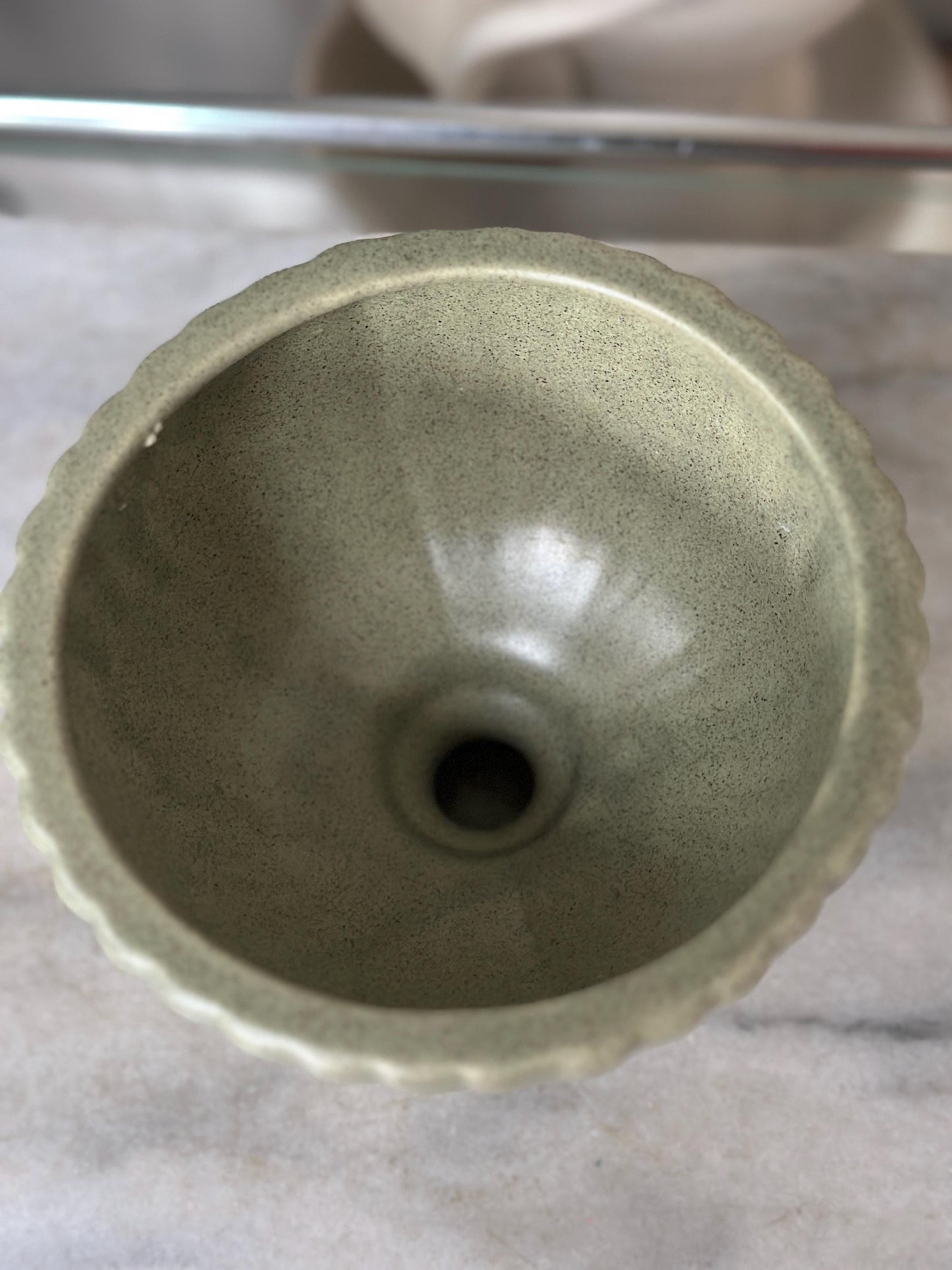 Haeger USA Pedestal Footed Ribbed Pot Planter Green Art Pottery 5” Matte Finish